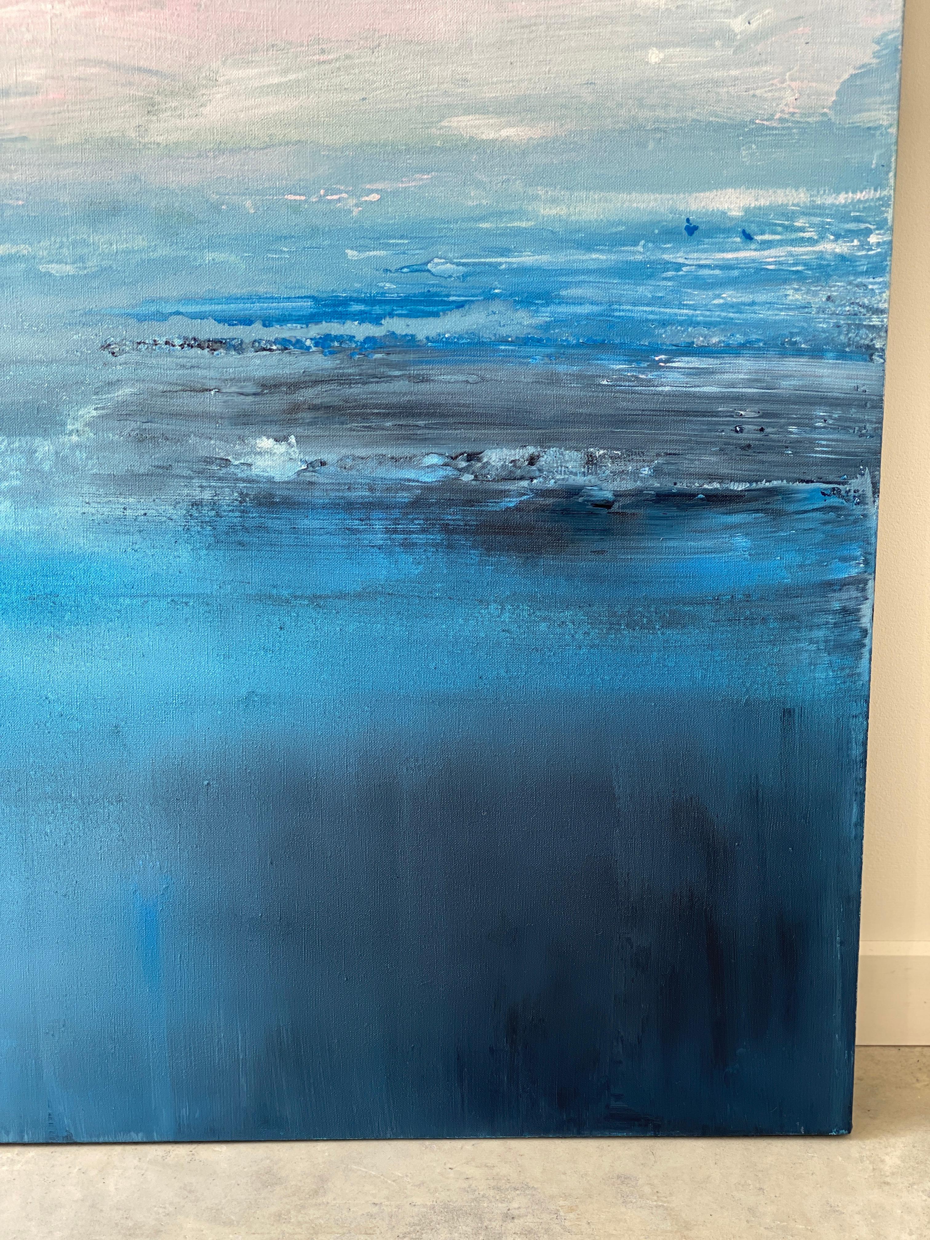 azul océano abstracto pintura impresionista paisaje cielo rosa nubes agua lino en venta 5