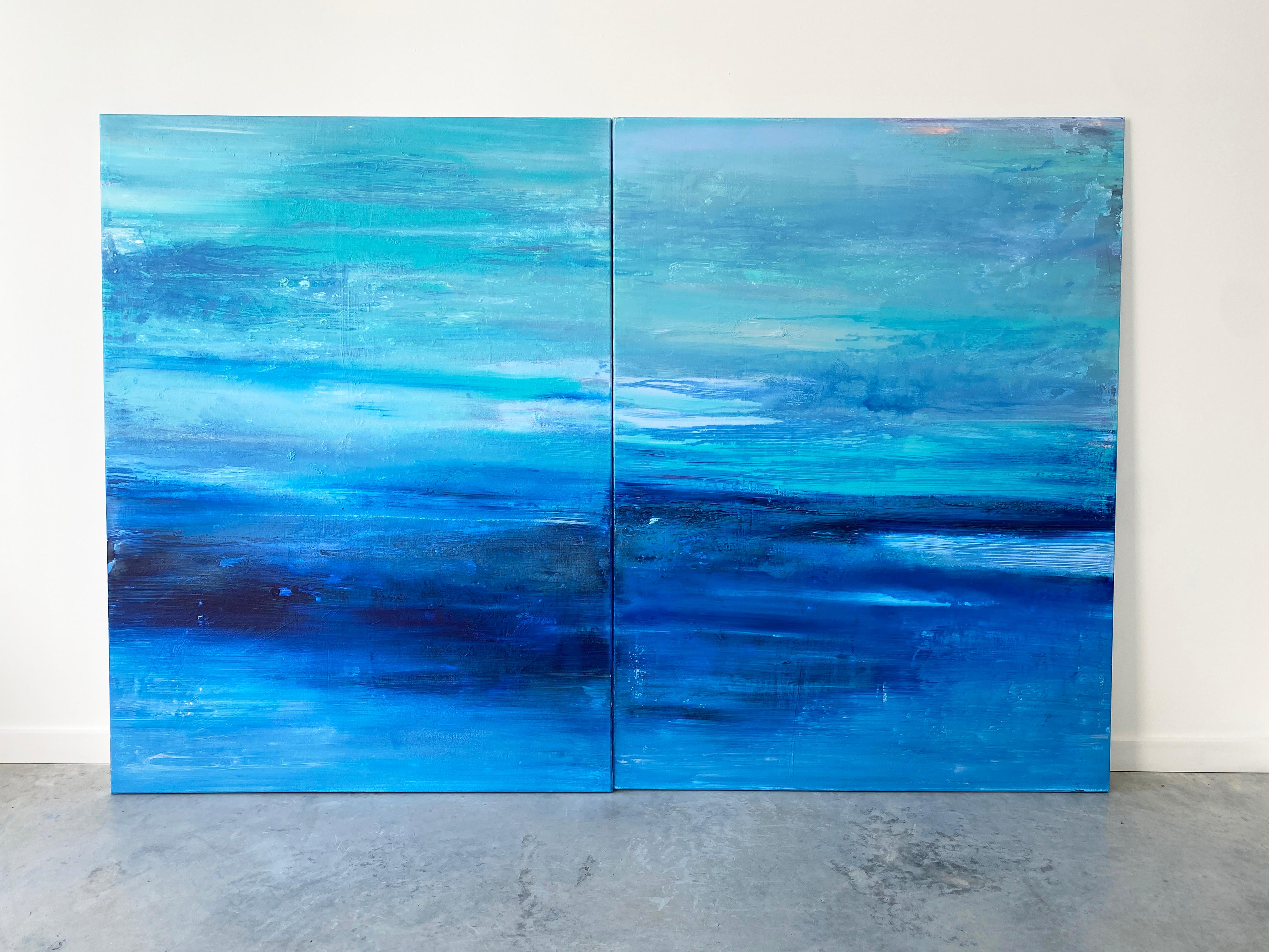 While lighter hues offer calmness and tranquility, pops of saturated blue tones deliver drama and energy, the perfect combination to fill your special space. Light and peace will fill you day, discover something new each time you look at this work.