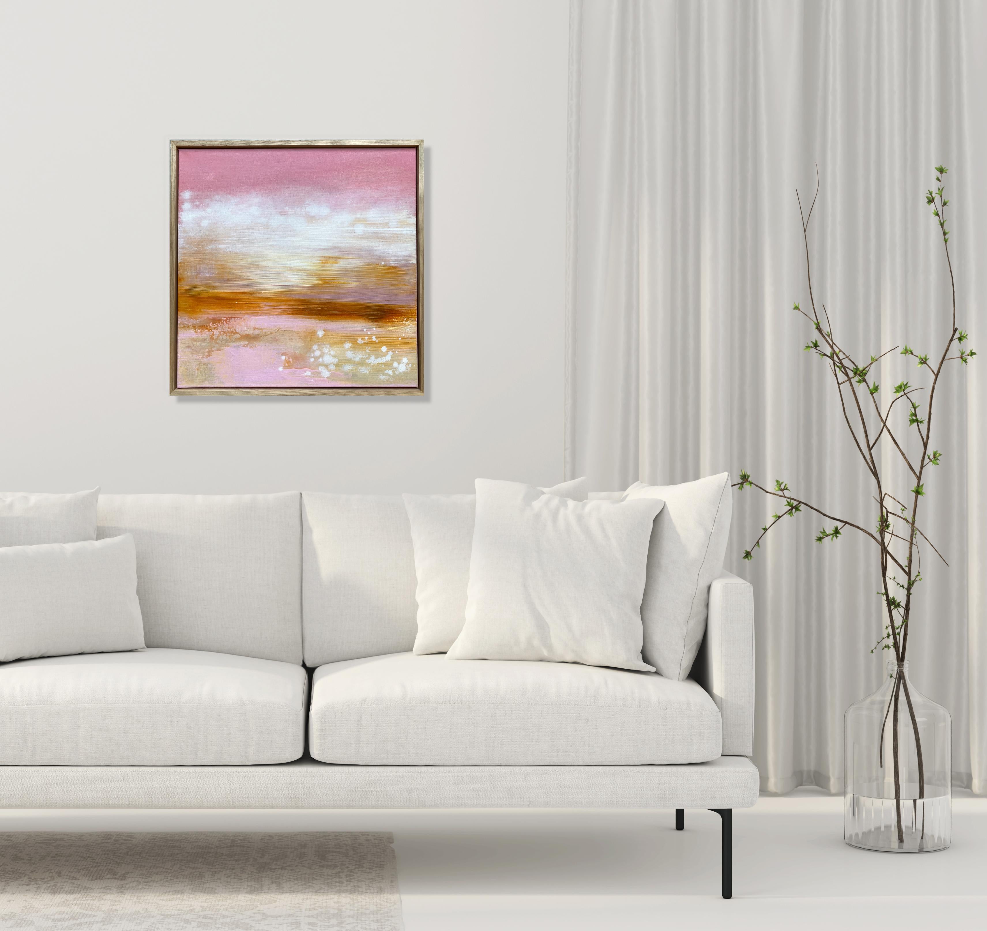 Sweet Home encadré, paysage expressionniste abstrait impressionniste rose pêche  en vente 2