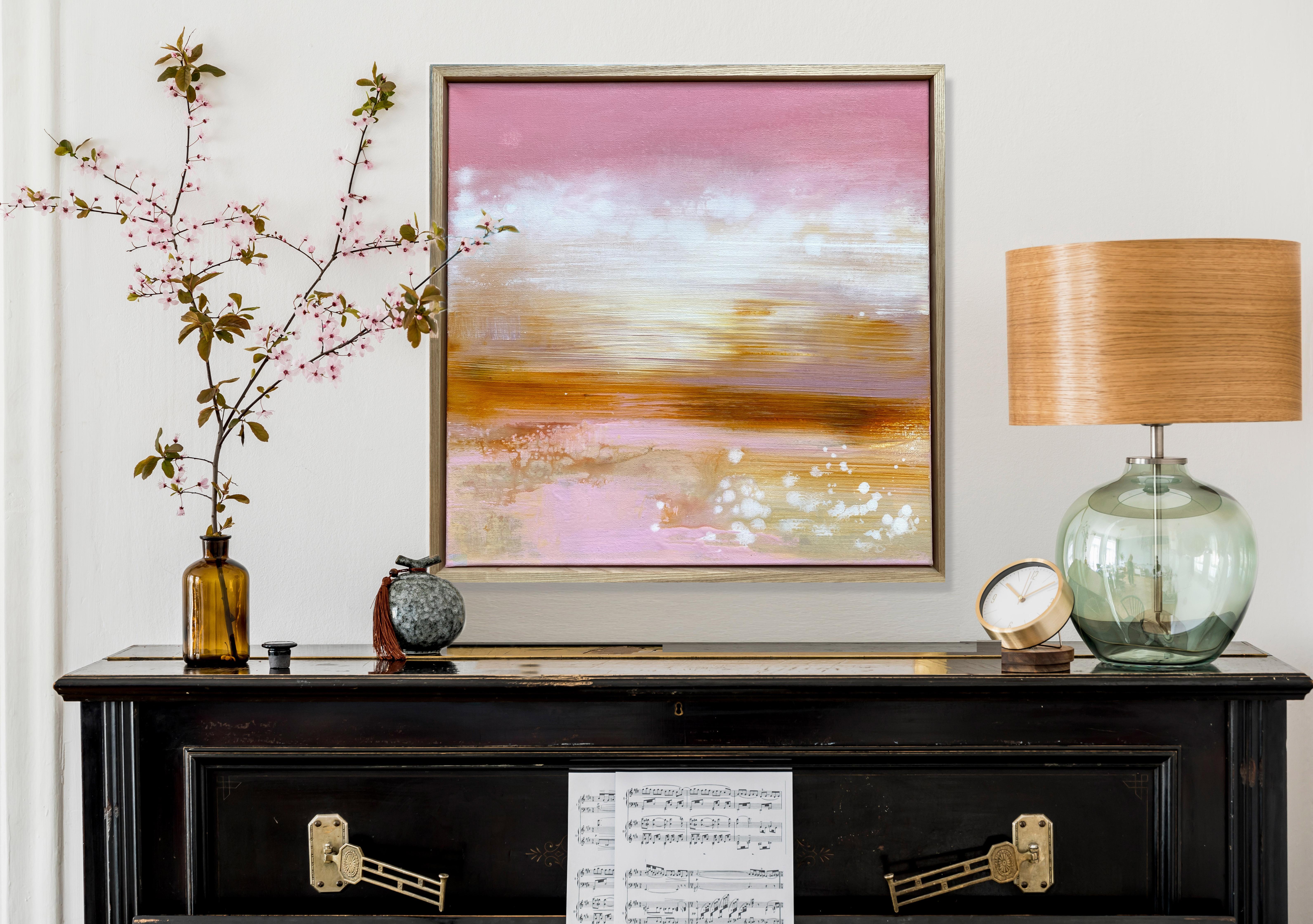 Sweet Home encadré, paysage expressionniste abstrait impressionniste rose pêche  en vente 3