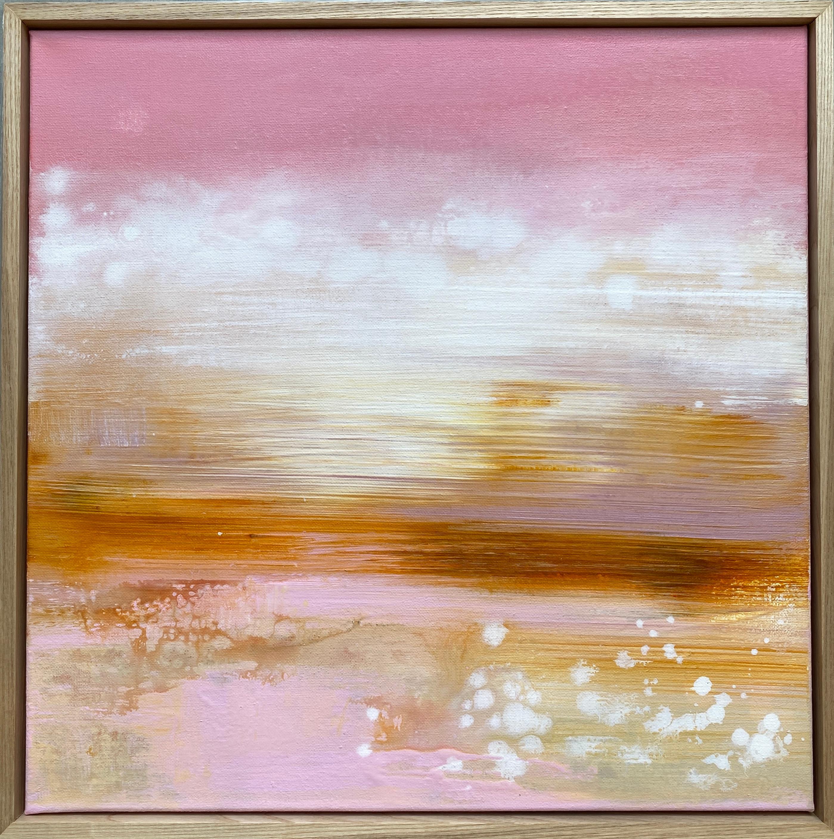 Abstract Painting Kathleen Rhee - Sweet Home encadré, paysage expressionniste abstrait impressionniste rose pêche 