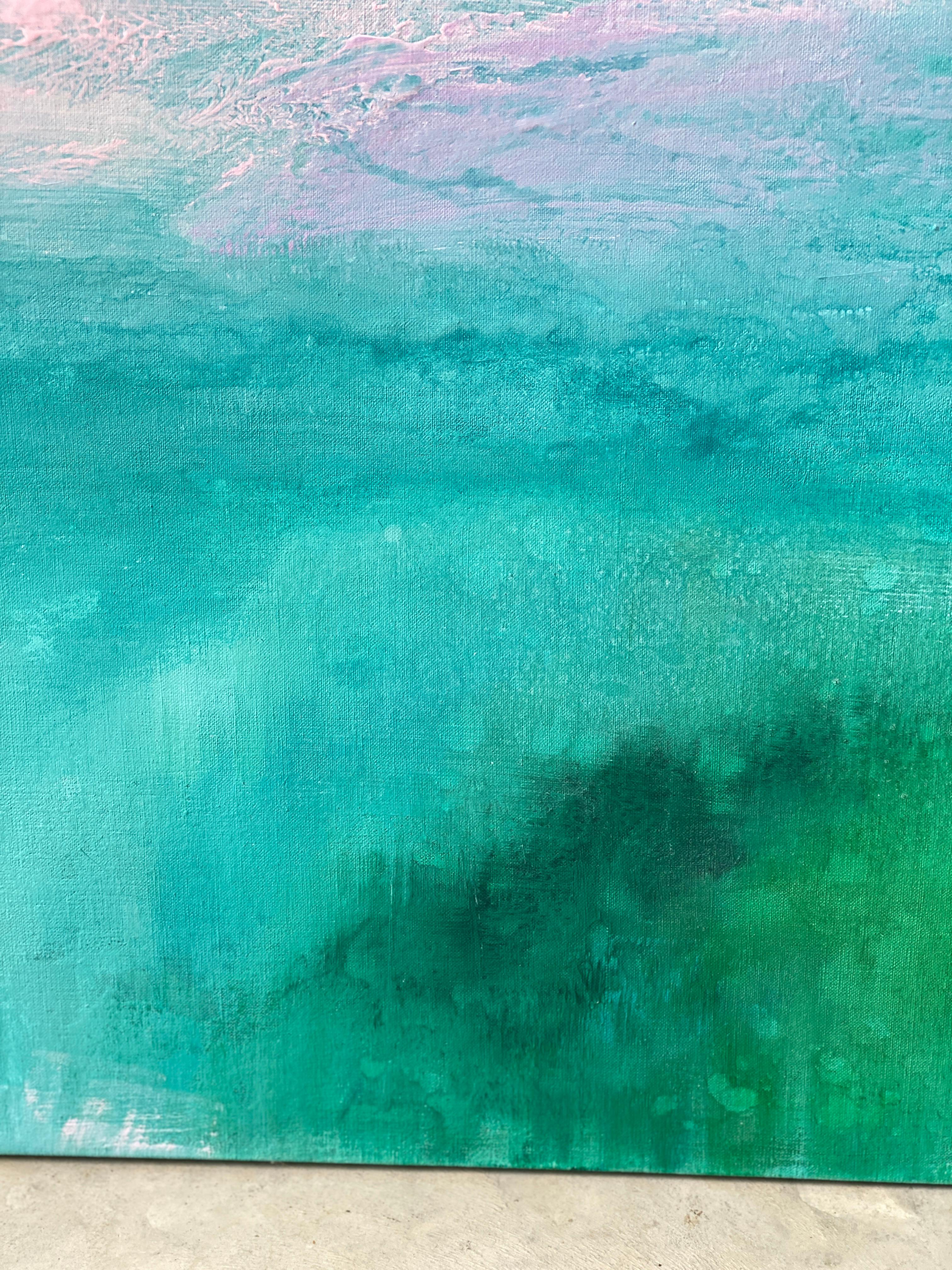The Secret Garden green abstract landscape blue aqua impressionism sky linen For Sale 9
