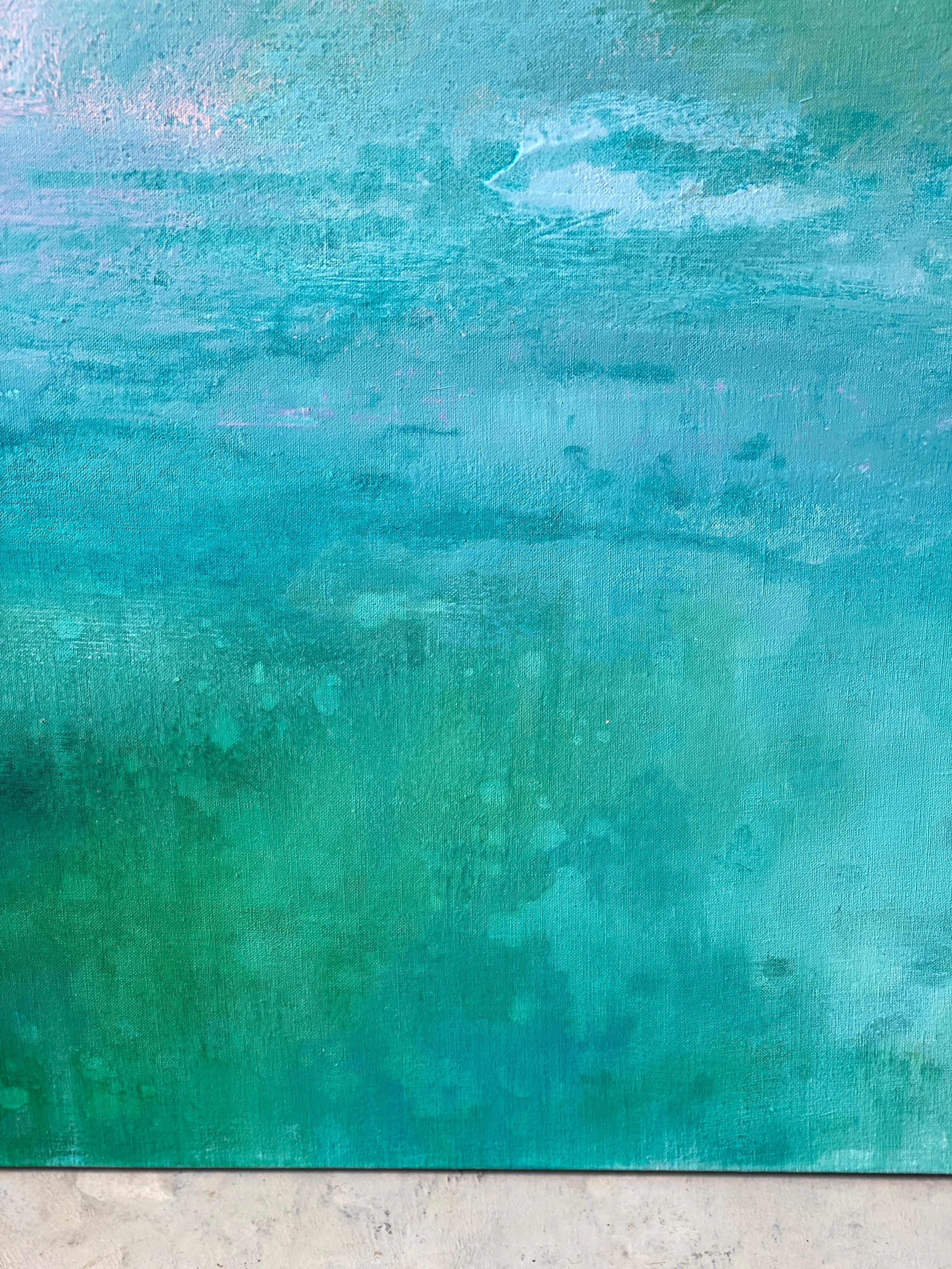 The Secret Garden green abstract landscape blue aqua impressionism sky linen For Sale 10