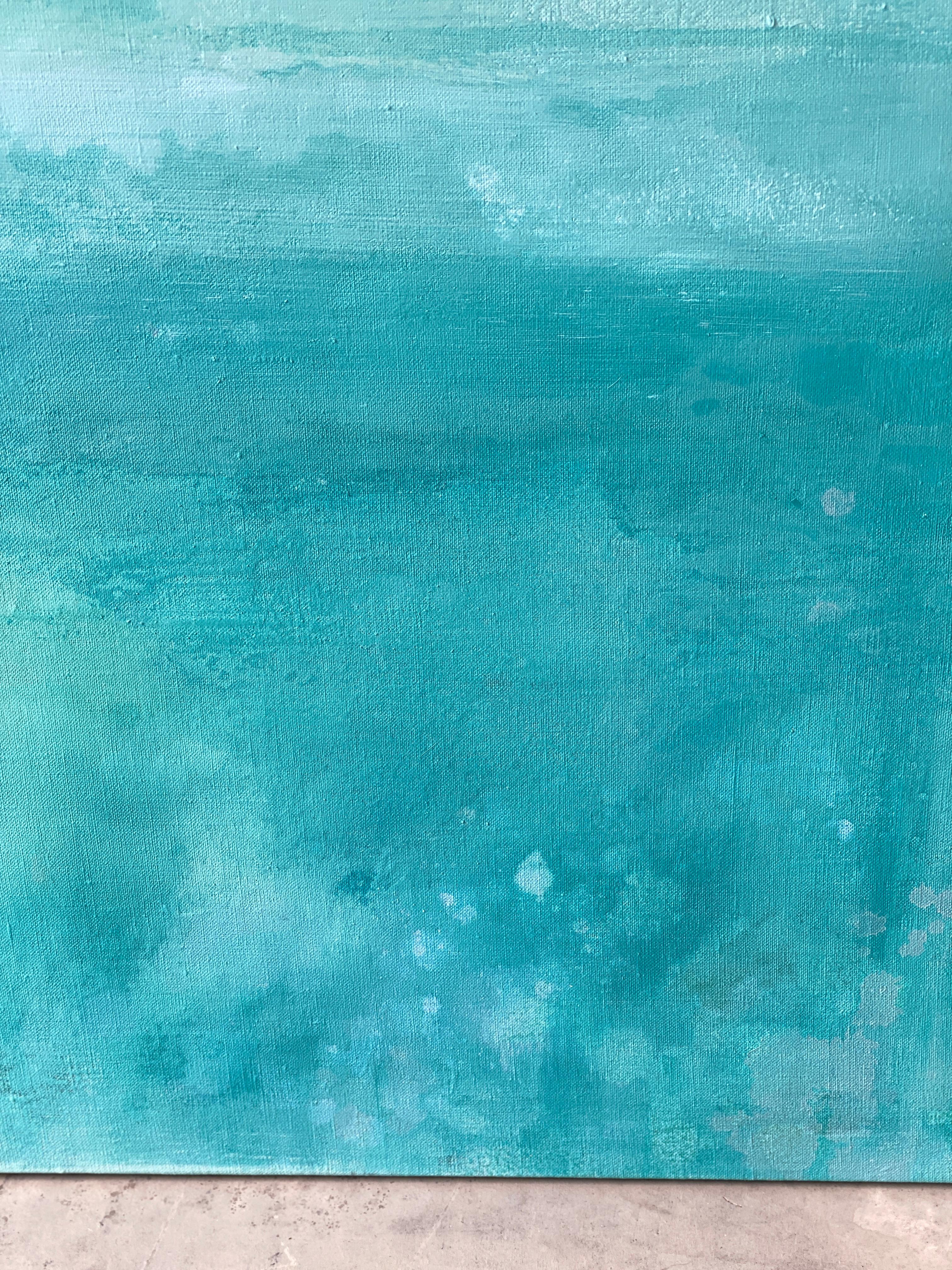 The Secret Garden green abstract landscape blue aqua impressionism sky linen For Sale 11