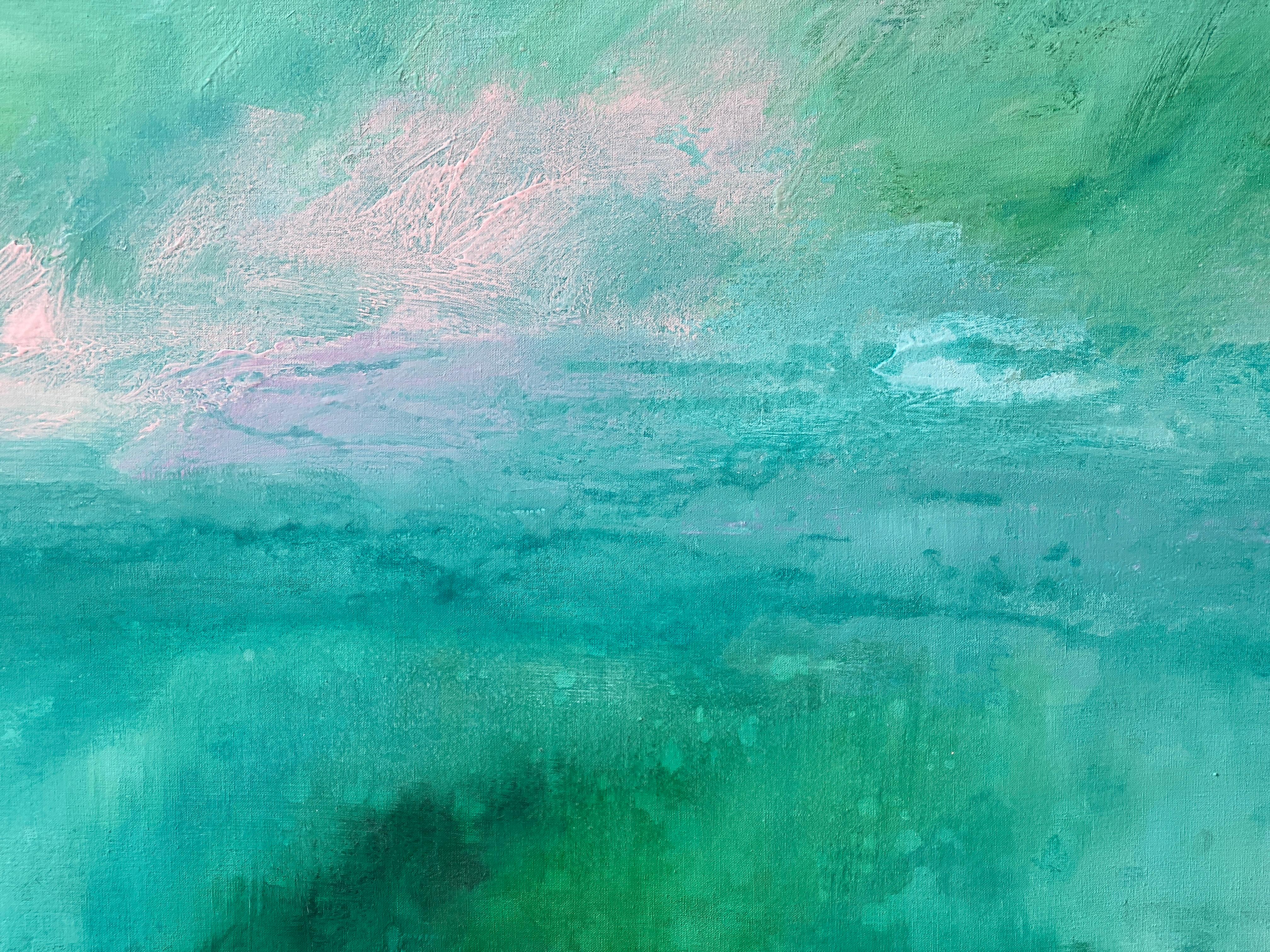 The Secret Garden green abstract landscape blue aqua impressionism sky linen For Sale 14