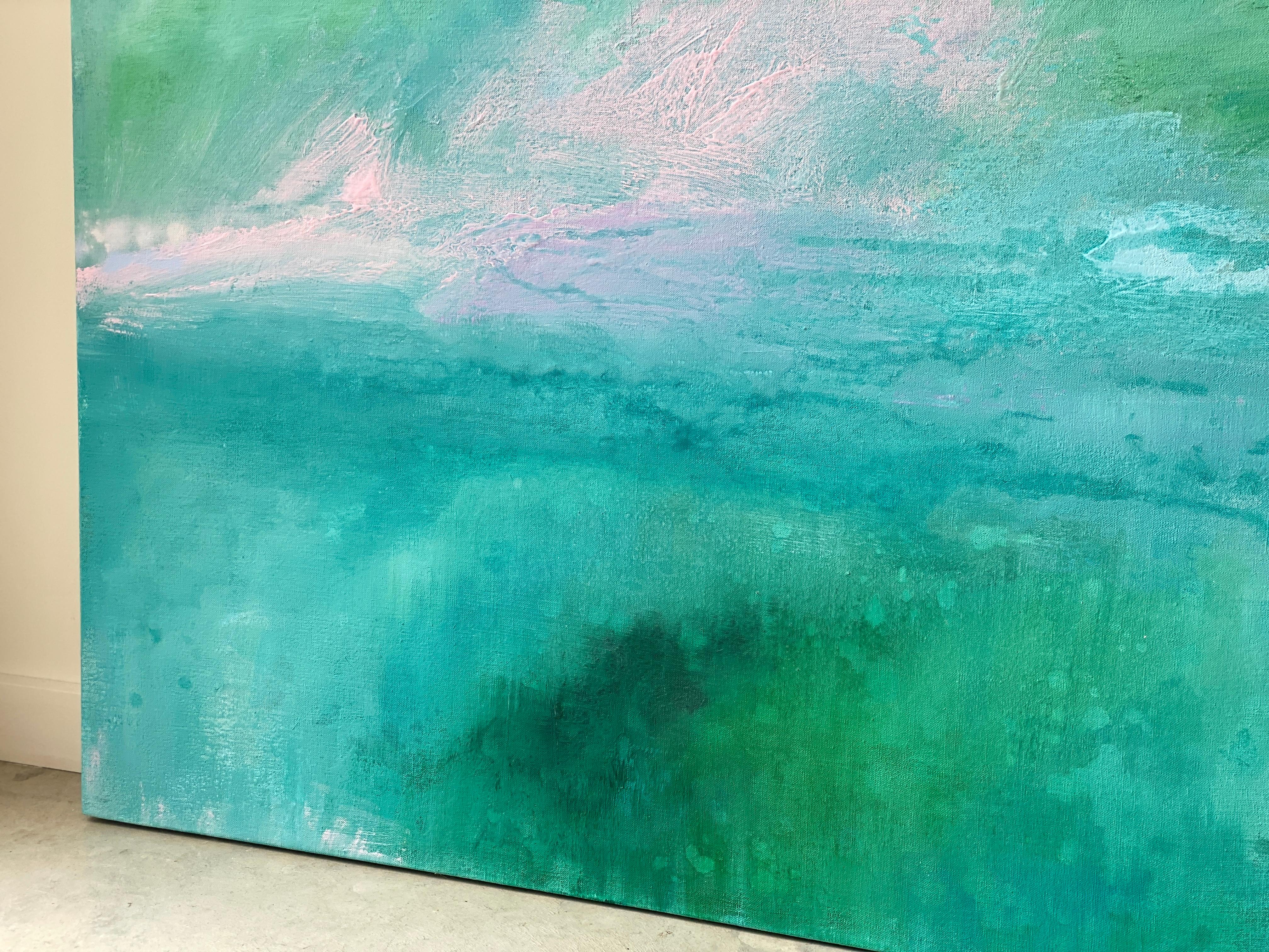 The Secret Garden green abstract landscape blue aqua impressionism sky linen For Sale 15