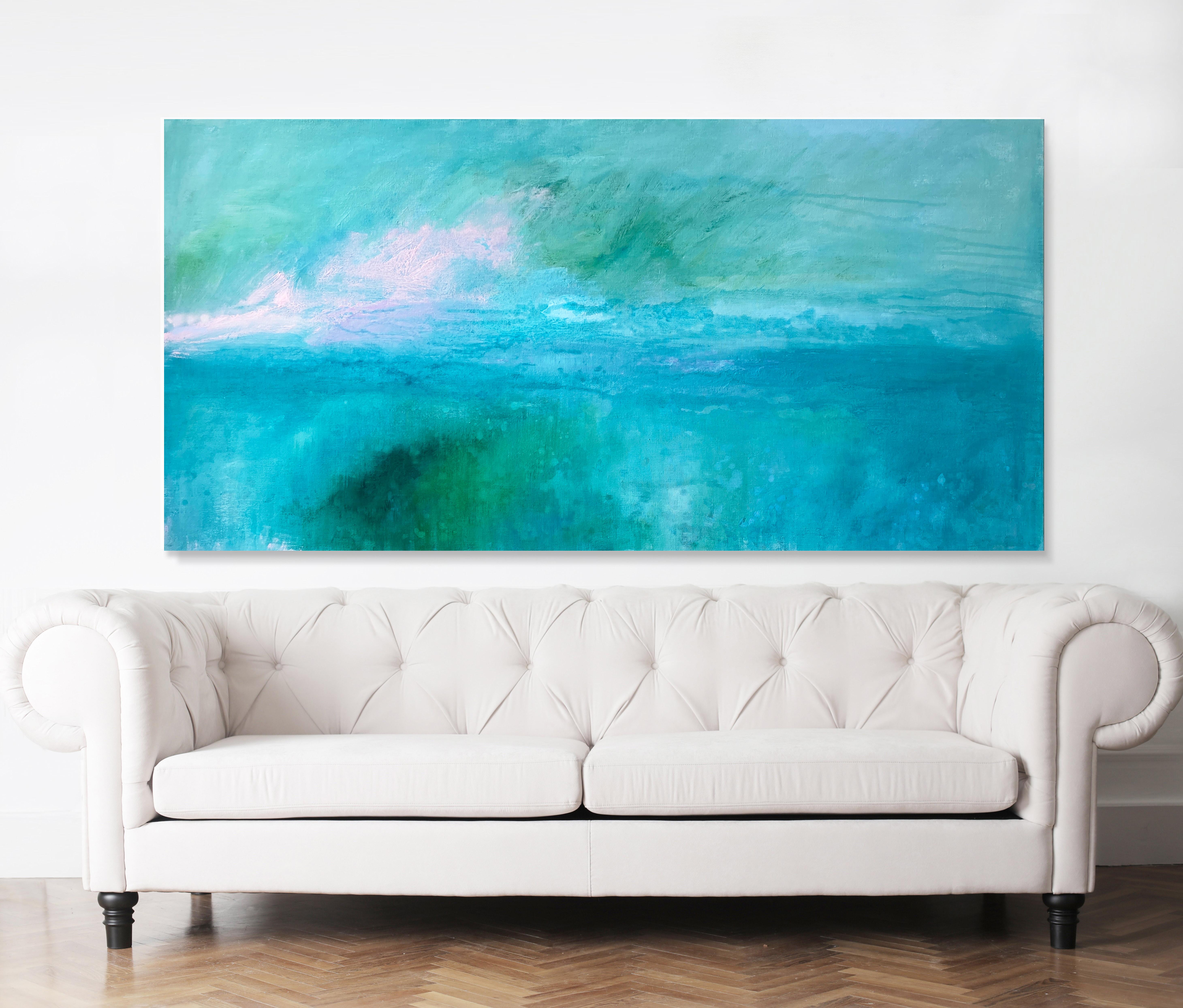 The Secret Garden green abstract landscape blue aqua impressionism sky linen - Abstract Painting by Kathleen Rhee