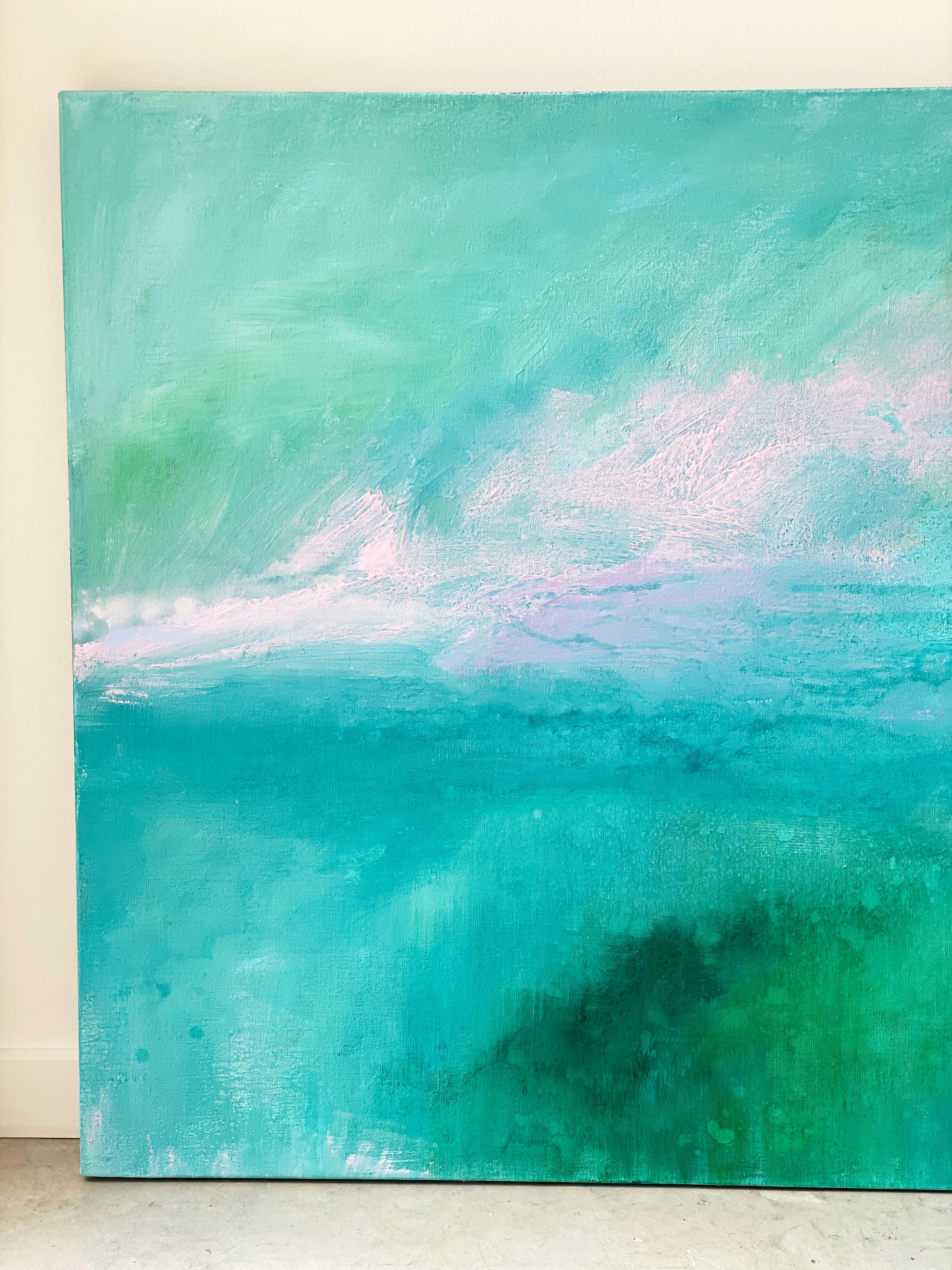 The Secret Garden green abstract landscape blue aqua impressionism sky linen For Sale 3