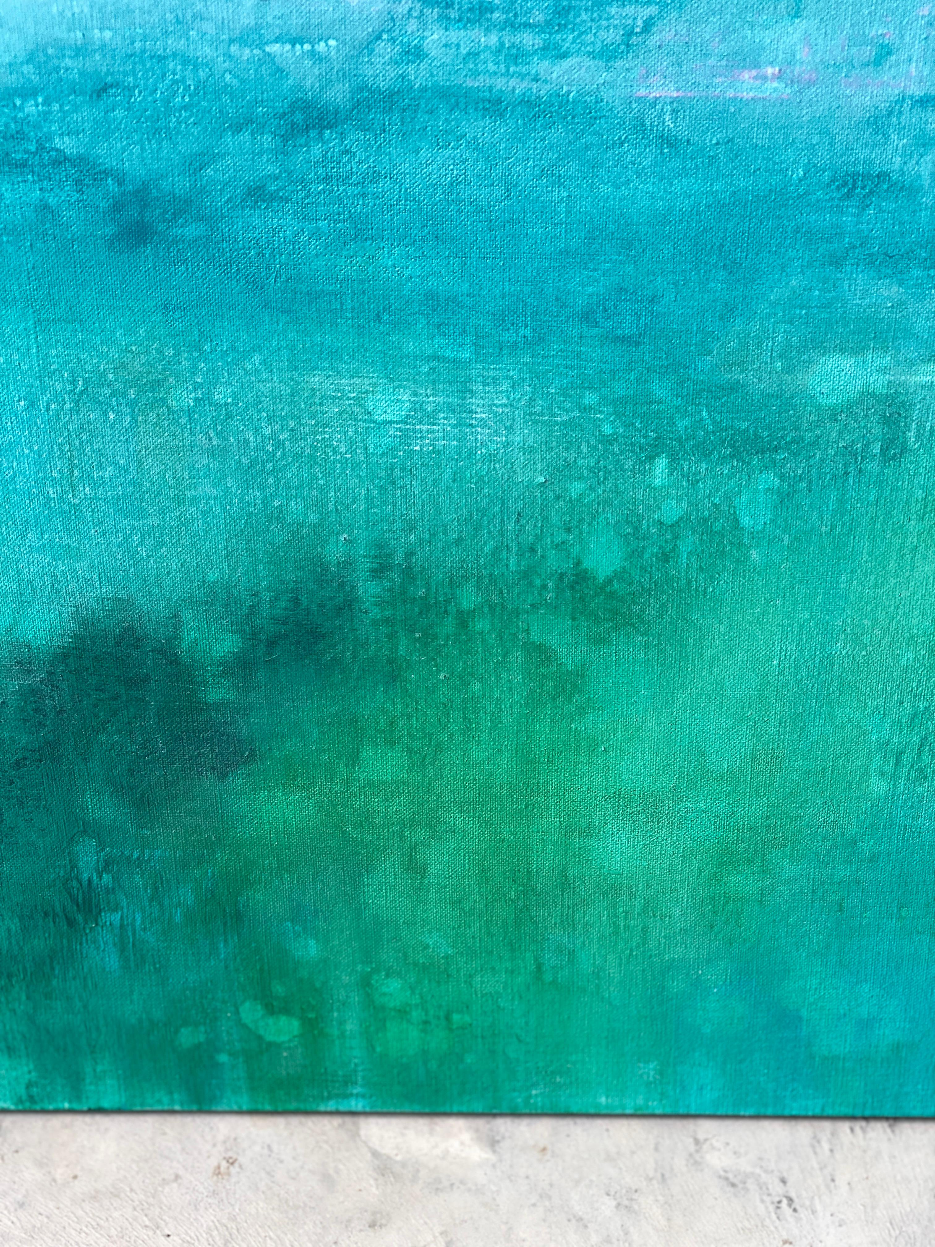 The Secret Garden green abstract landscape blue aqua impressionism sky linen For Sale 4