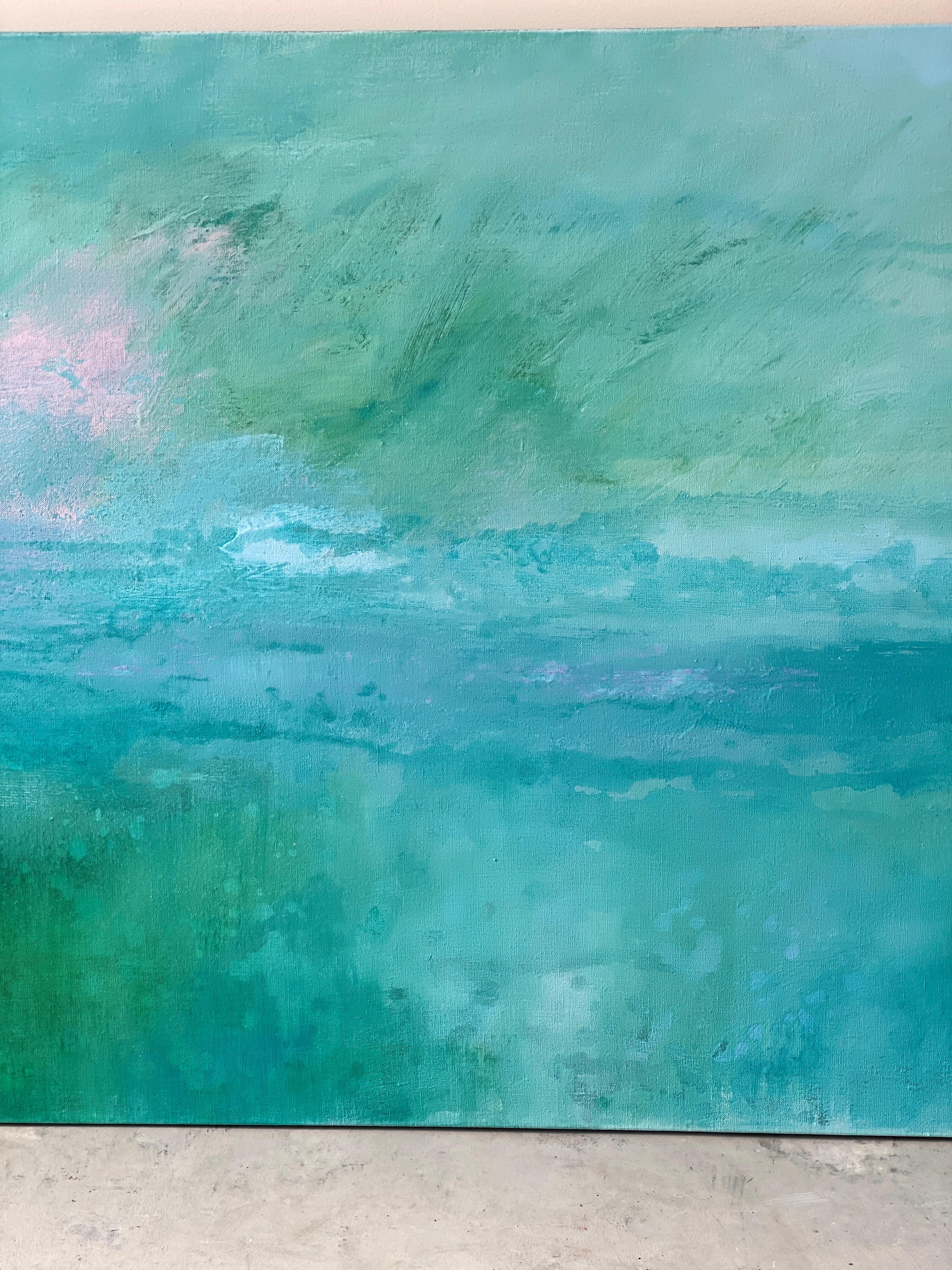 The Secret Garden green abstract landscape blue aqua impressionism sky linen For Sale 5