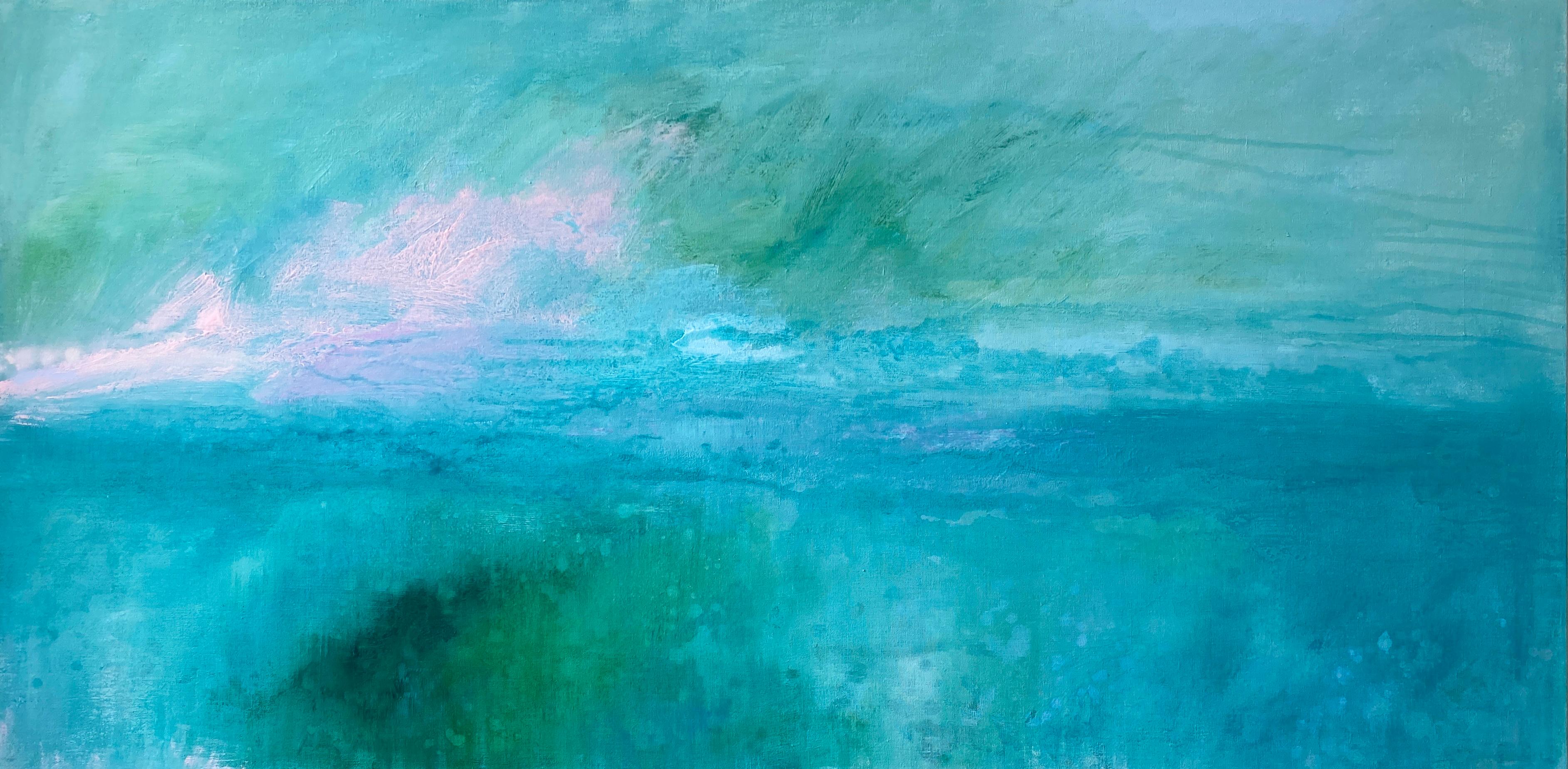 Kathleen Rhee Landscape Painting - The Secret Garden green abstract landscape blue aqua impressionism sky linen