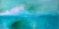 The Secret Garden green abstract landscape blue aqua impressionism sky linen