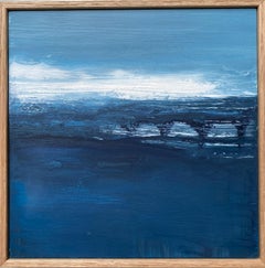 Heute Wasser-Oceanlandschaft Wellen abstraktes impressionistisches Gemälde in Blau, Grau und Weiß