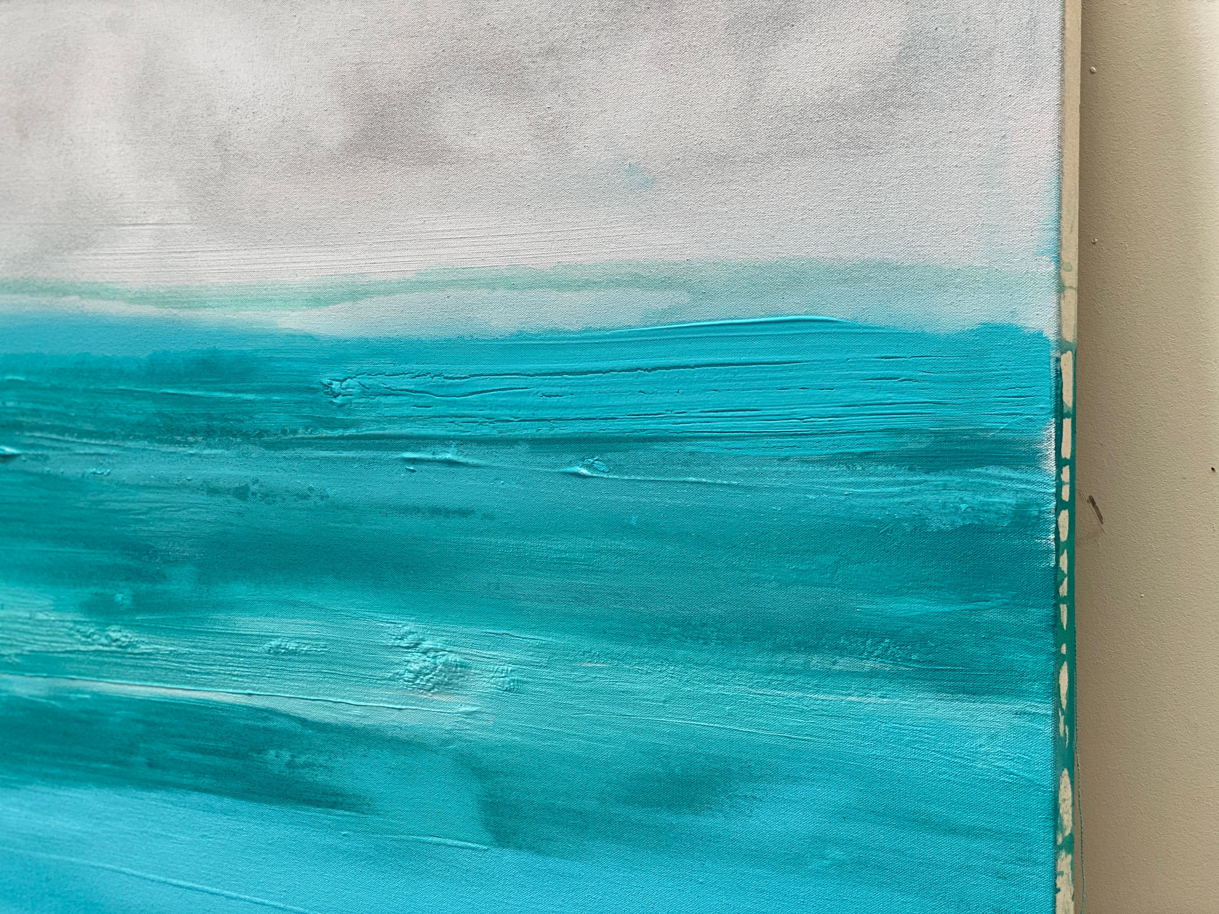 Tranquility large semi abstract seascape on canvas in aqua light grey white For Sale 4