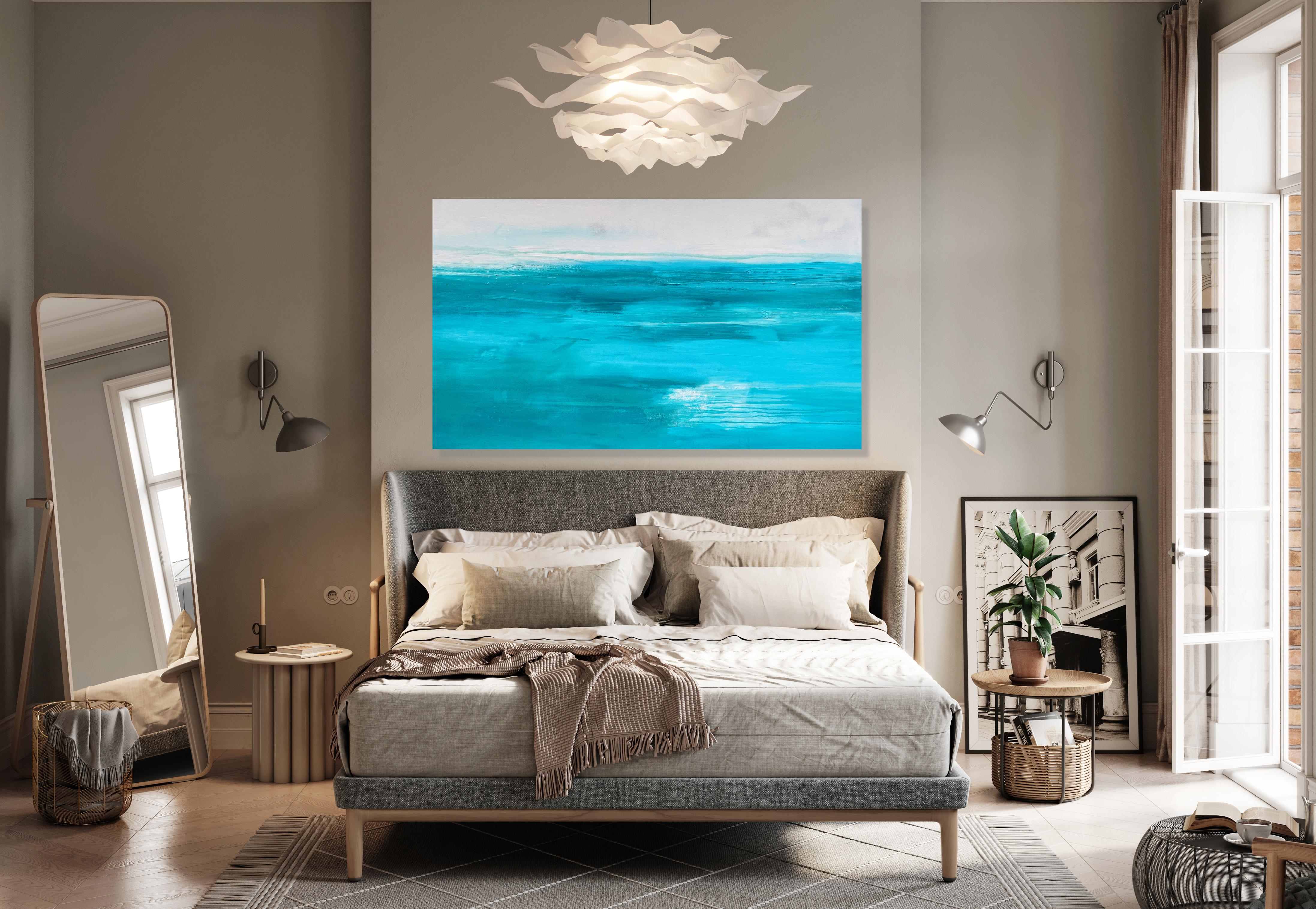 Tranquility large semi abstract seascape on canvas in aqua light grey white - Painting by Kathleen Rhee