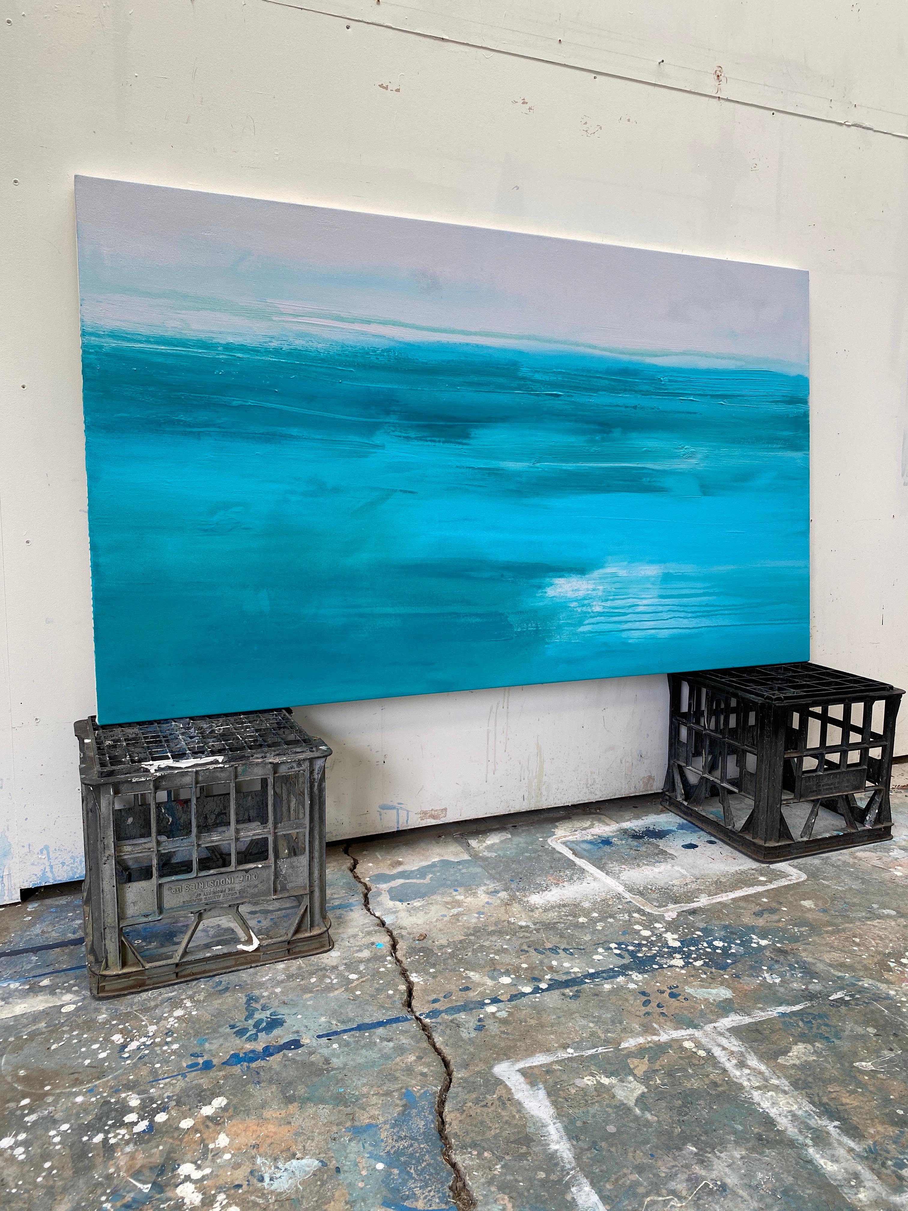 Tranquility large semi abstract seascape on canvas in aqua light grey white - Abstract Painting by Kathleen Rhee