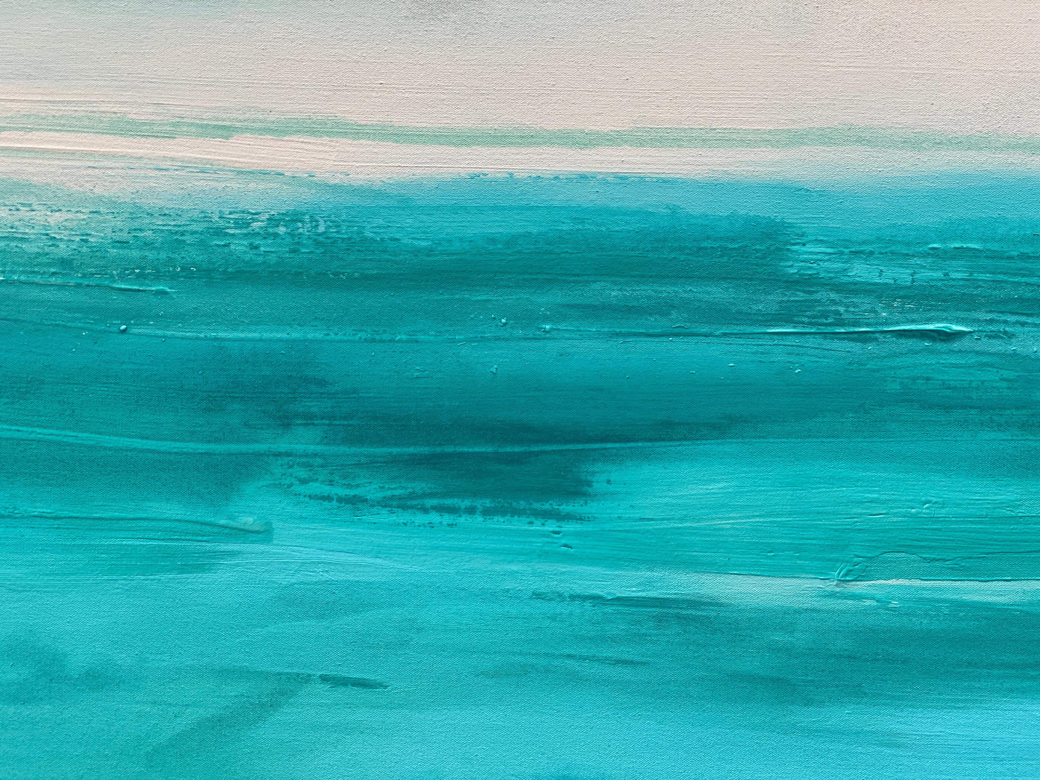 Tranquility large semi abstract seascape on canvas in aqua light grey white For Sale 1
