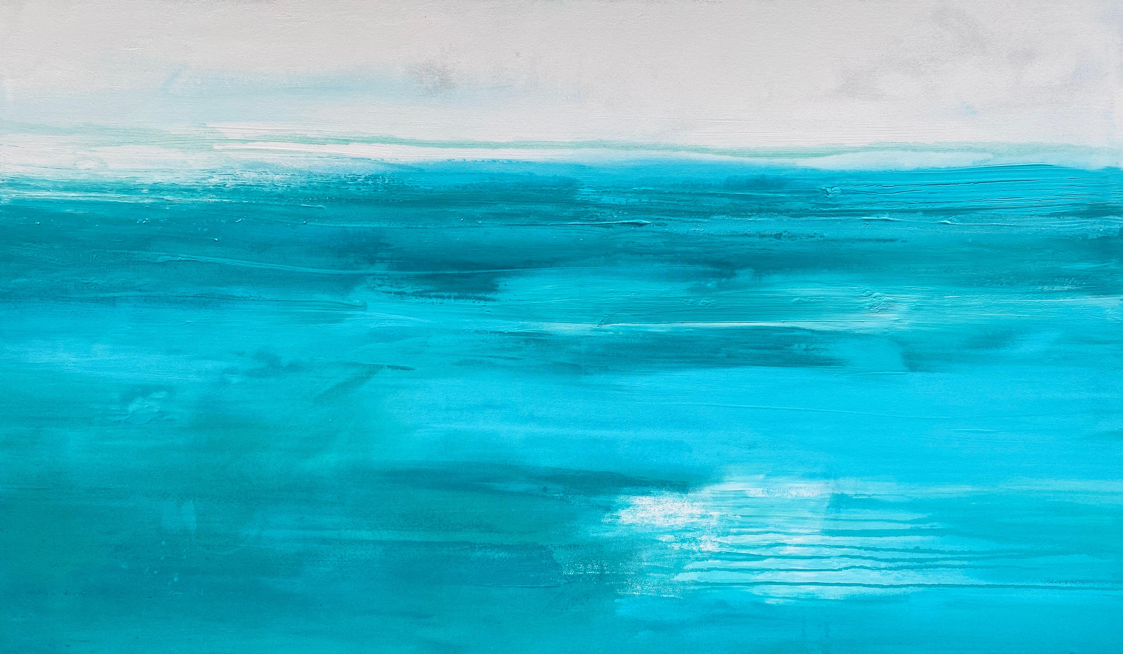 Kathleen Rhee Abstract Painting - Tranquility large semi abstract seascape on canvas in aqua light grey white