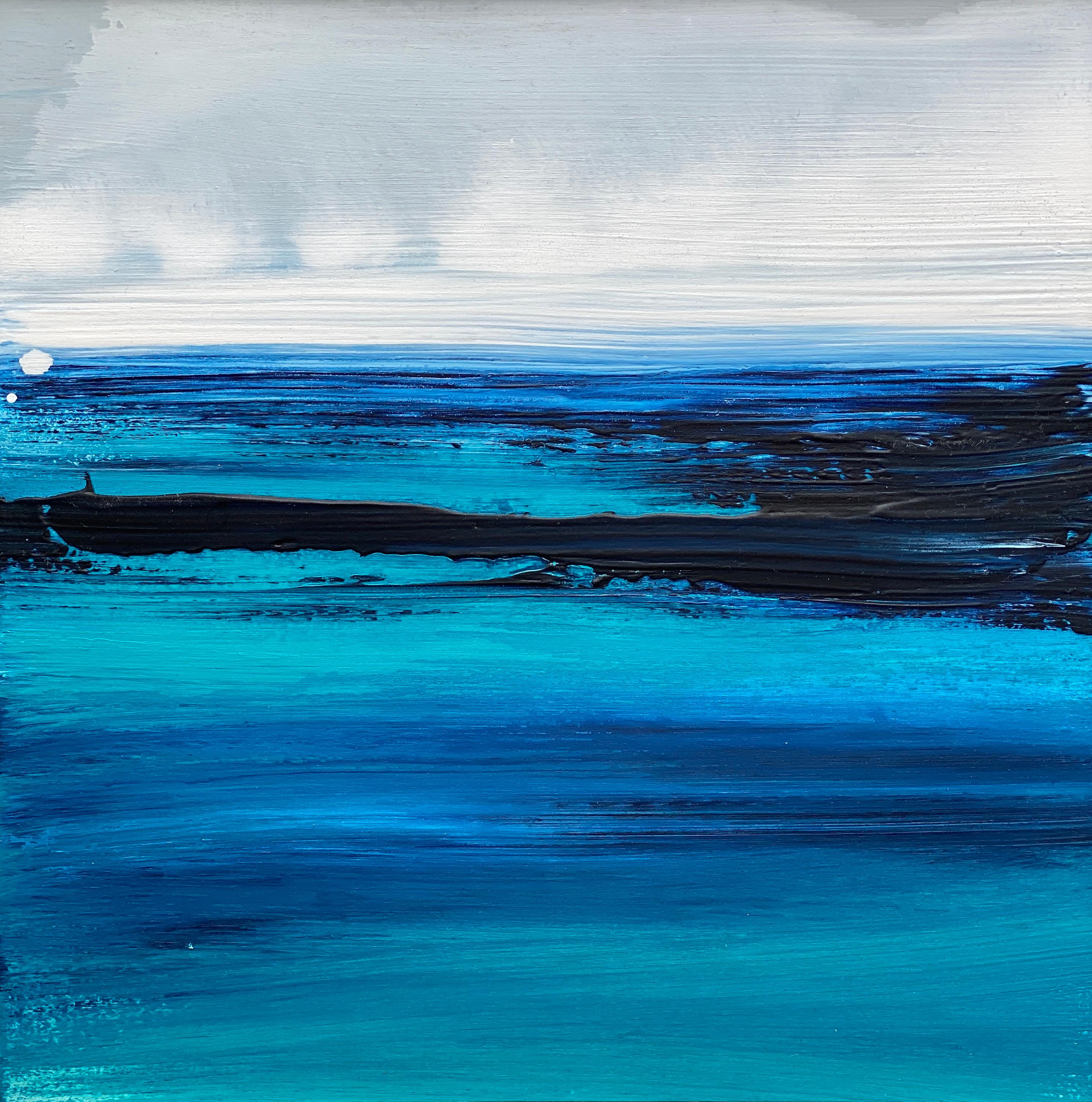 Turquoise View oceanscape water abstract impressionist painting blue grey white - Painting by Kathleen Rhee