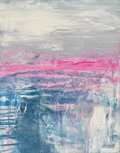 Under Blue Matisse, expression abstraite océanique sur lin pastel arc-en-ciel rose vif