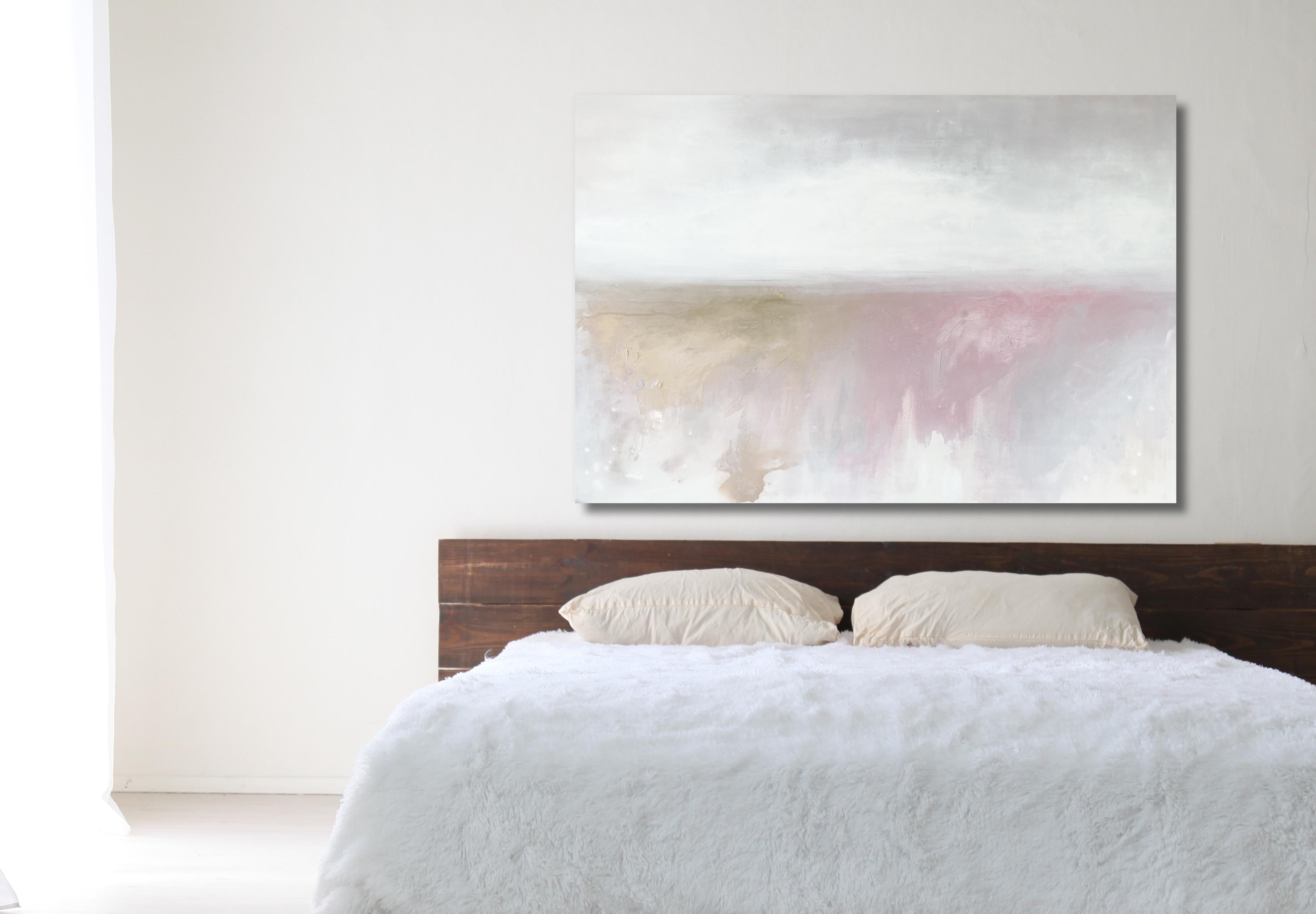 Soft pink minimalist impressionist abstract landscape dusty pink grey white - Painting by Kathleen Rhee