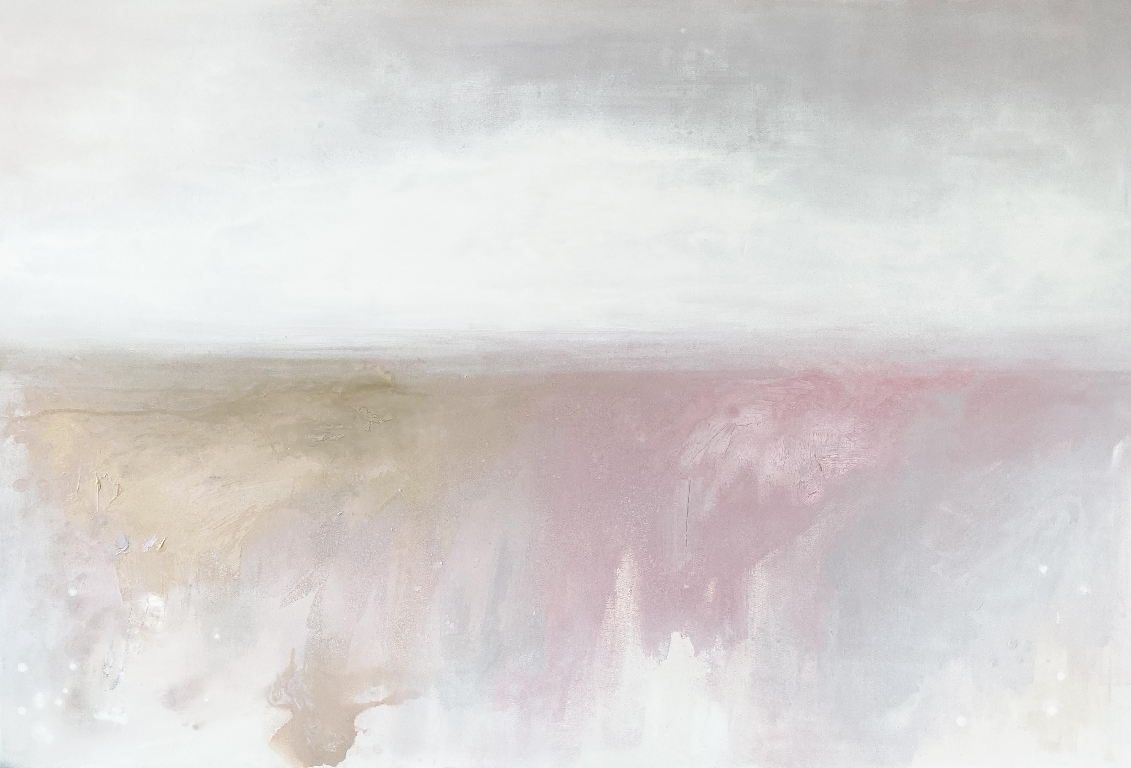 Kathleen Rhee Abstract Painting - Soft pink minimalist impressionist abstract landscape dusty pink grey white