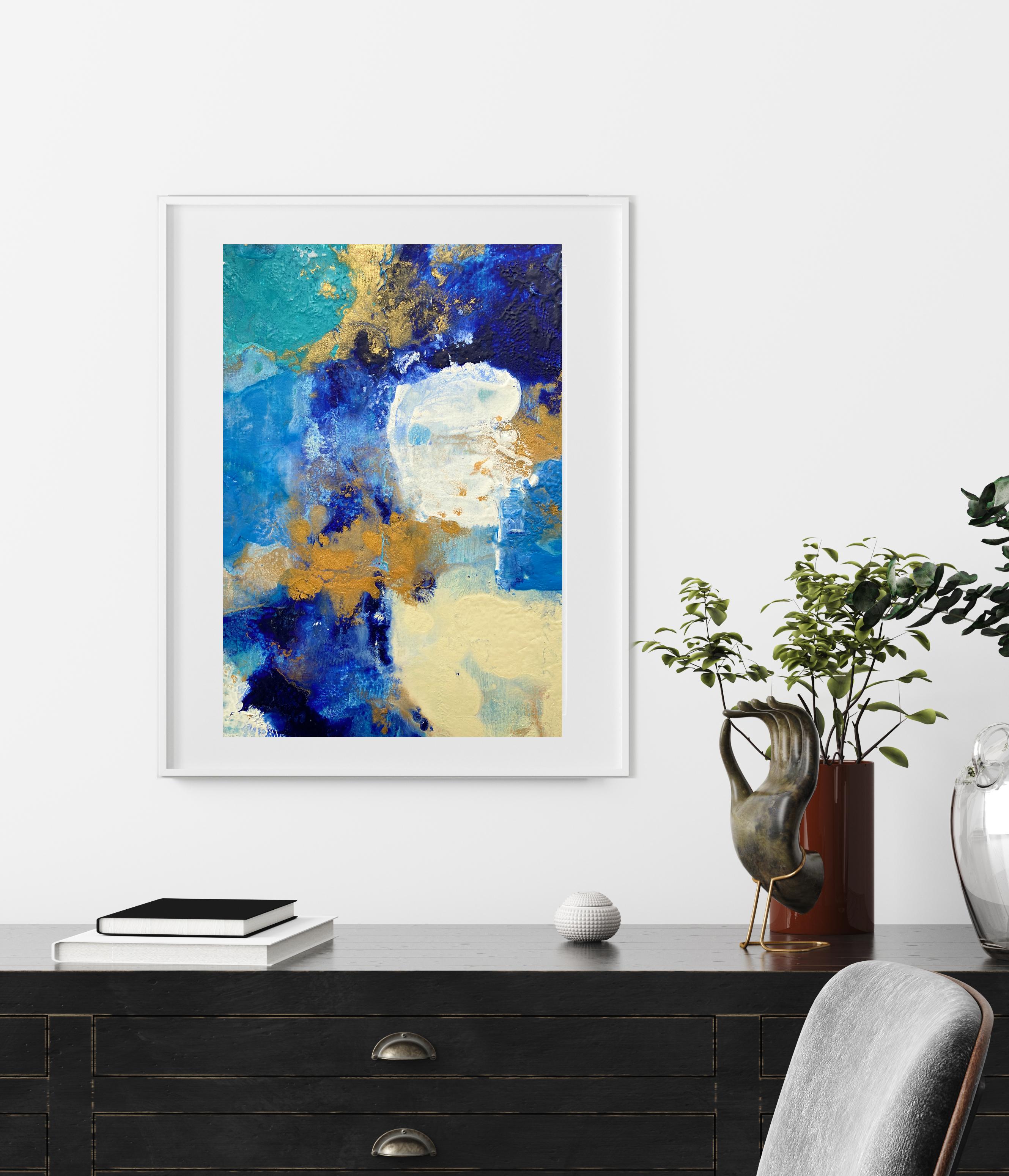 Water and Cloud Series no3 small abstract on paper framed in white mat board - Painting by Kathleen Rhee
