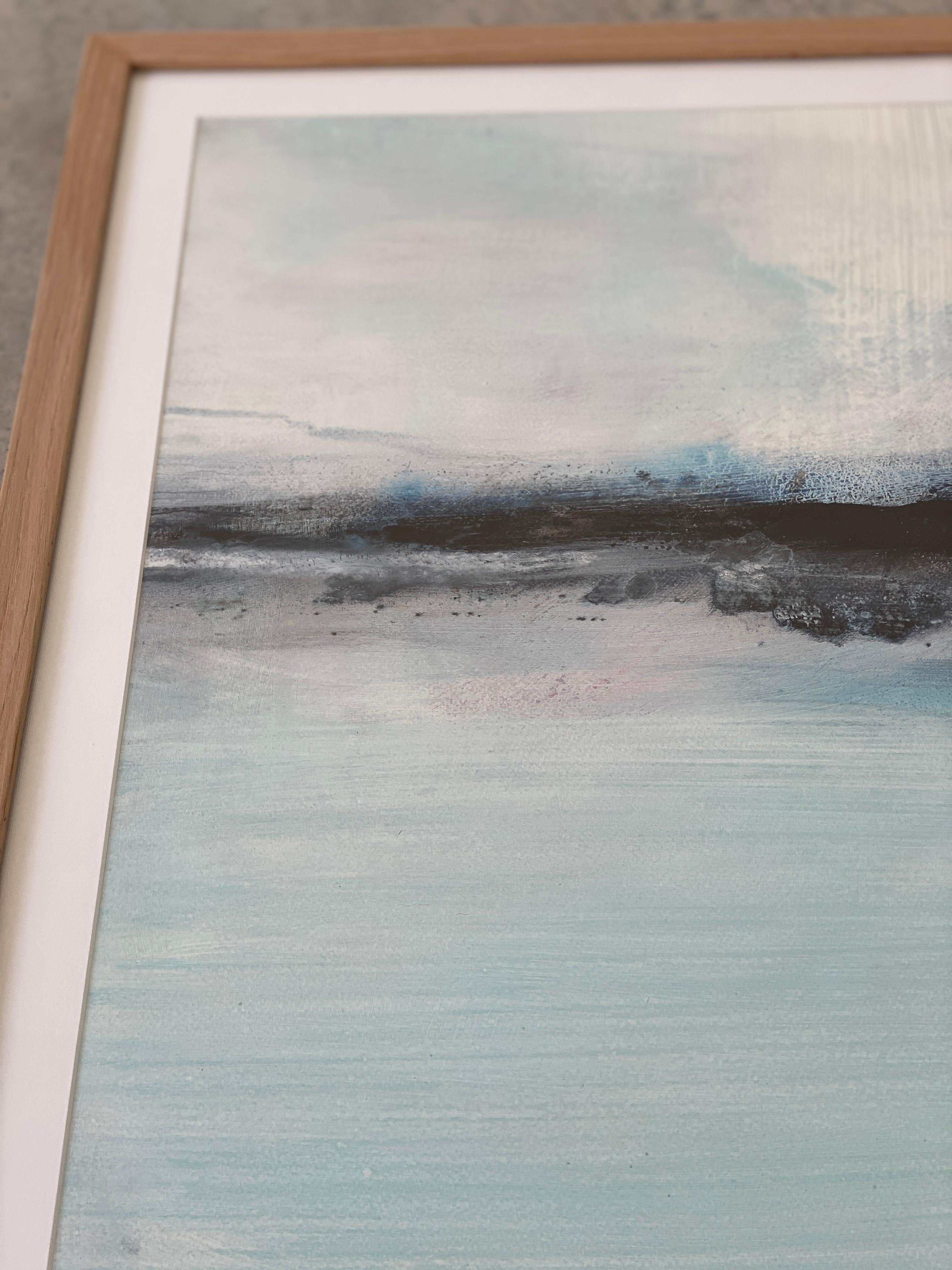 Minimalistisches Gemälde 2 Nordic Scandi gerahmte Landschaftsmalerei Papier blau-weiß 7