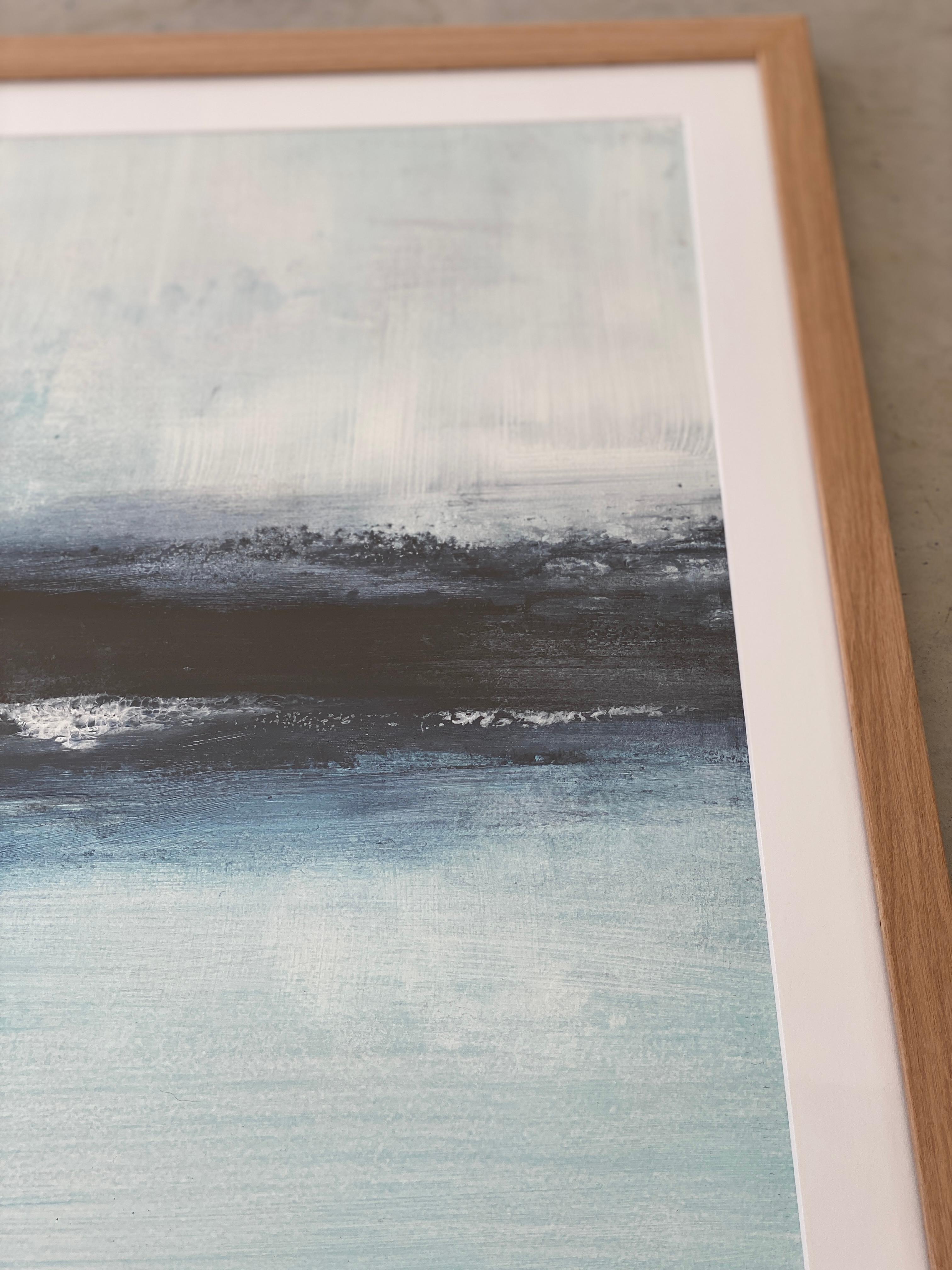 Minimalistisches Gemälde 2 Nordic Scandi gerahmte Landschaftsmalerei Papier blau-weiß 9