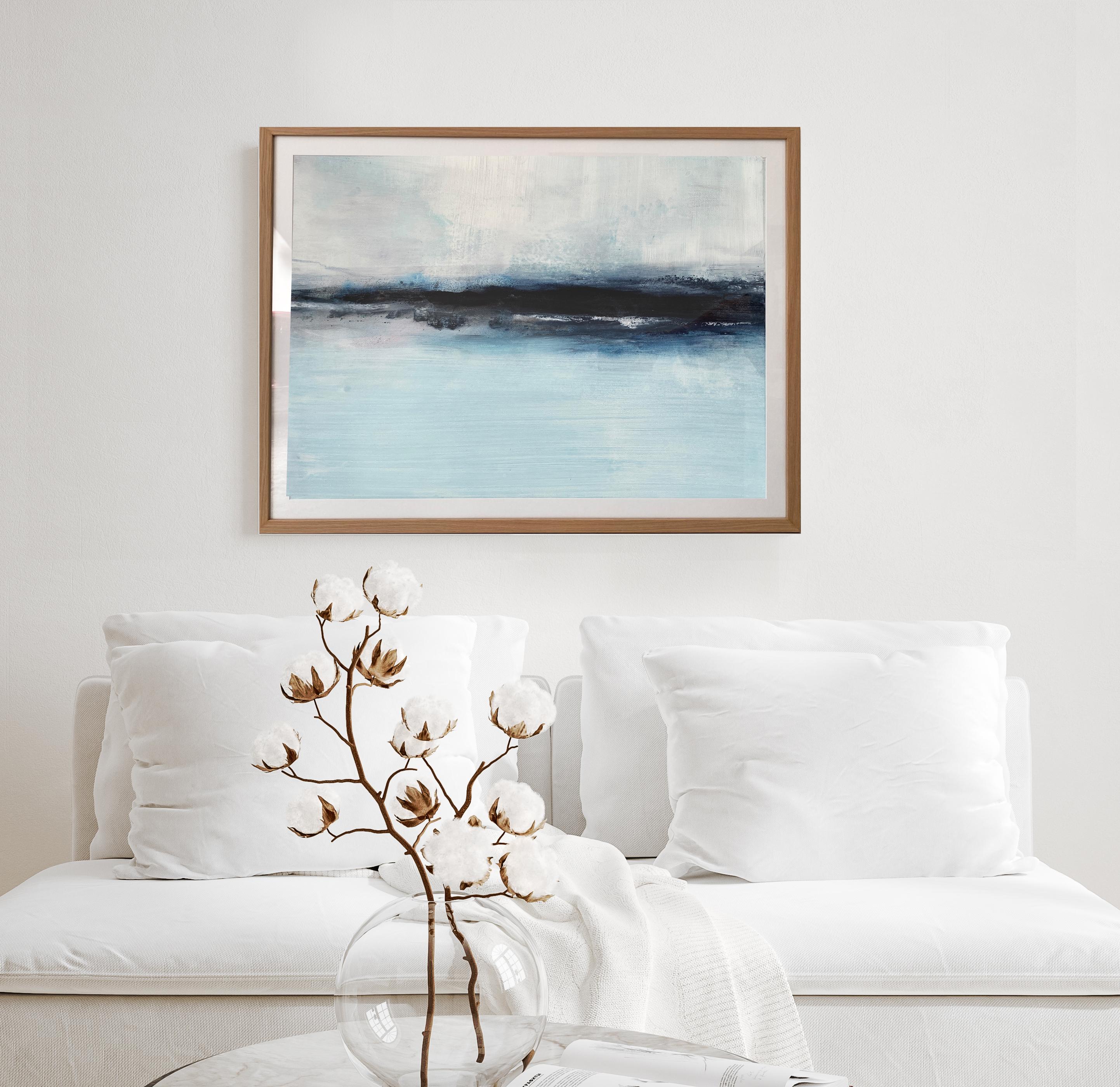 Minimalistisches Gemälde 2 Nordic Scandi gerahmte Landschaftsmalerei Papier blau-weiß 12