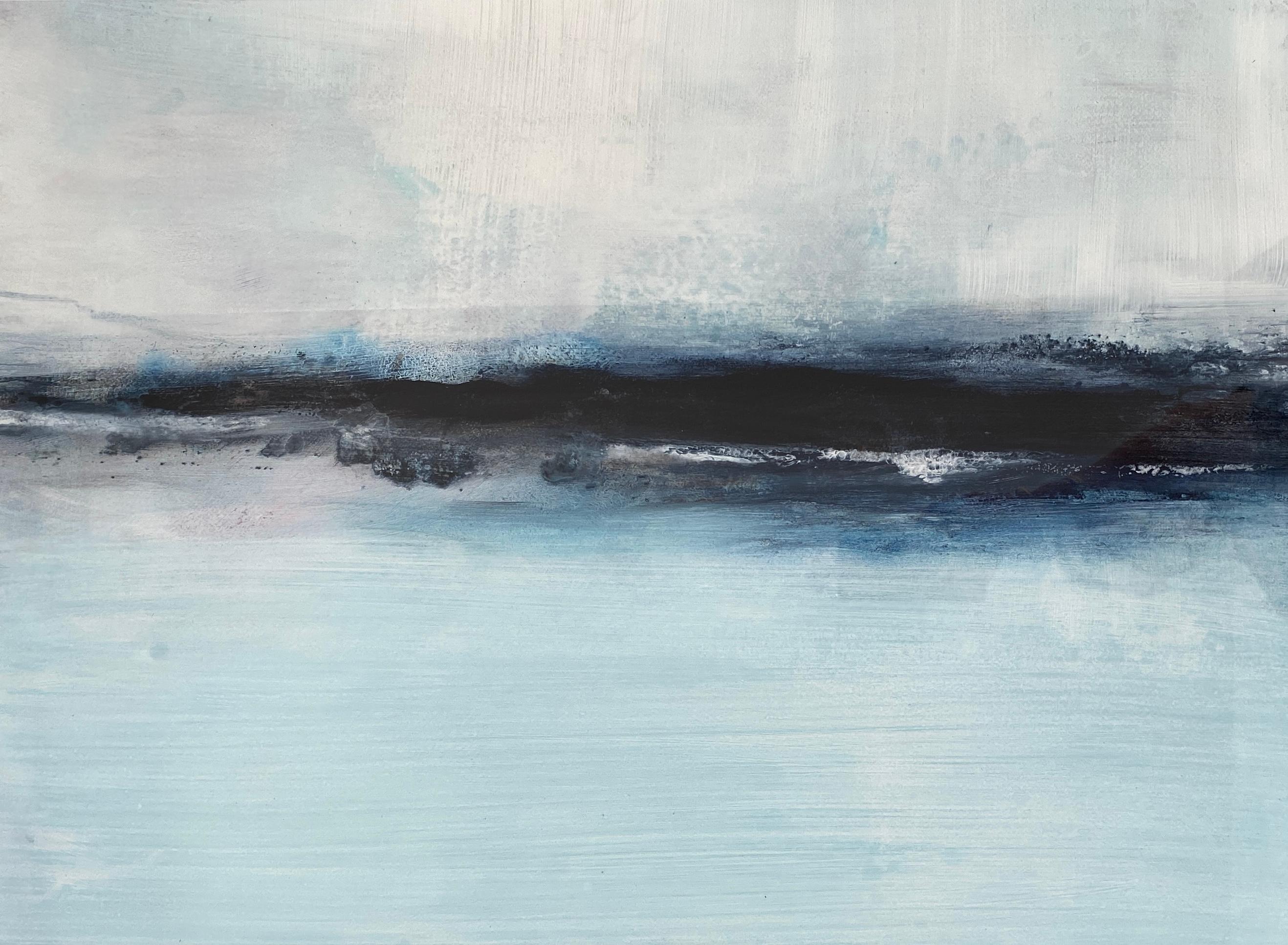 Minimalistisches Gemälde 2 Nordic Scandi gerahmte Landschaftsmalerei Papier blau-weiß 1
