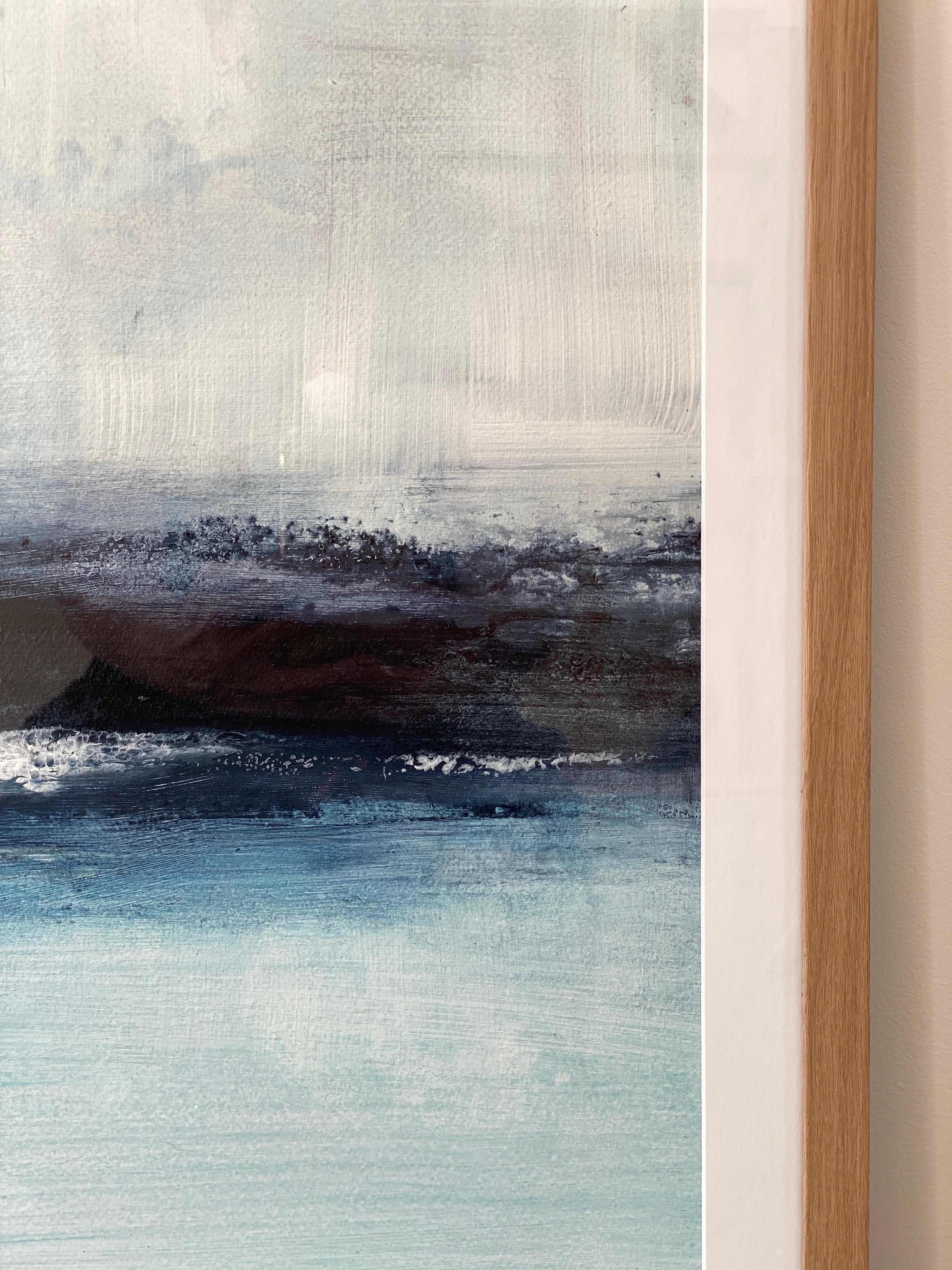 Minimalistisches Gemälde 2 Nordic Scandi gerahmte Landschaftsmalerei Papier blau-weiß 2