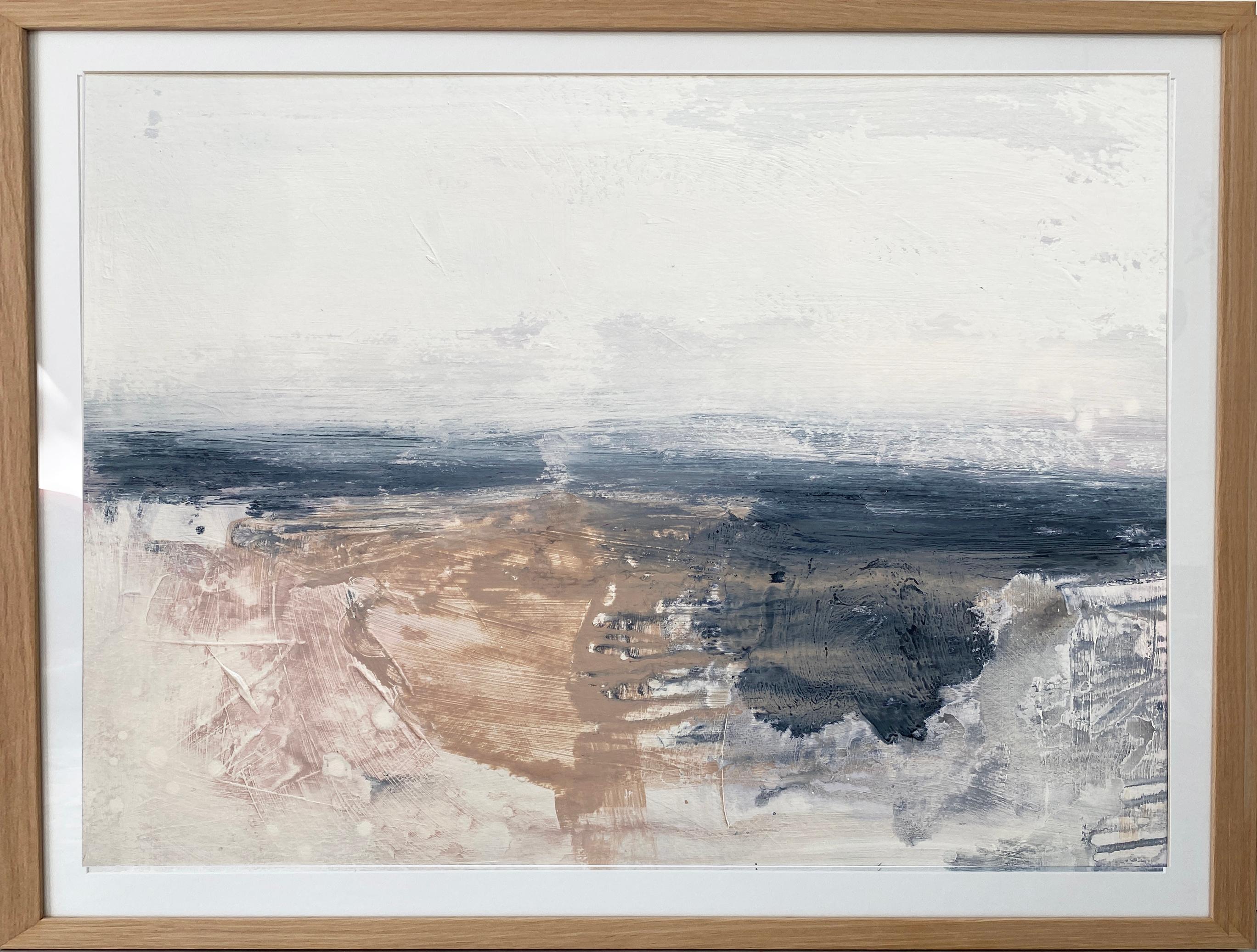 Kathleen Rhee Abstract Painting - Minimalist painting 4 Nordic Scandi framed landscape art paper grey tan white