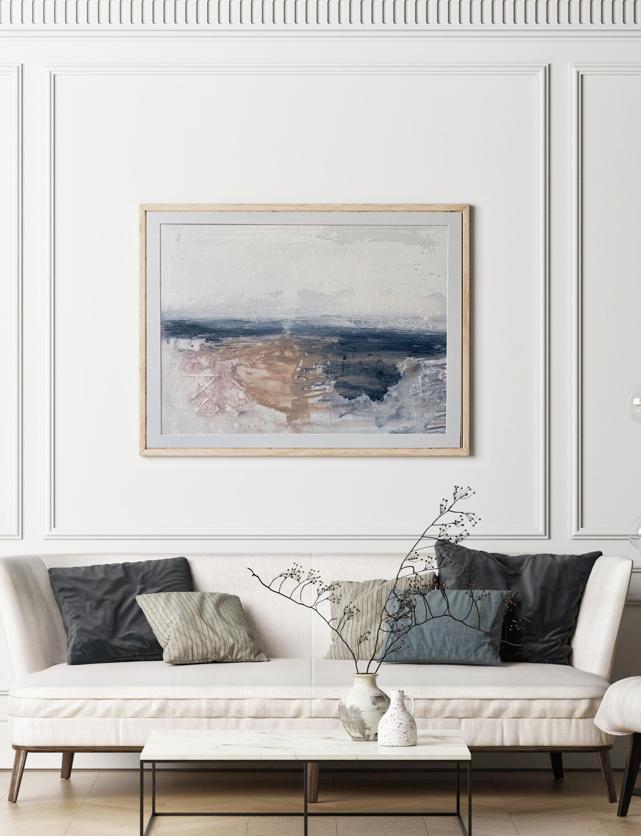 Minimalist painting 4 Nordic Scandi framed landscape art paper grey tan white - Painting by Kathleen Rhee