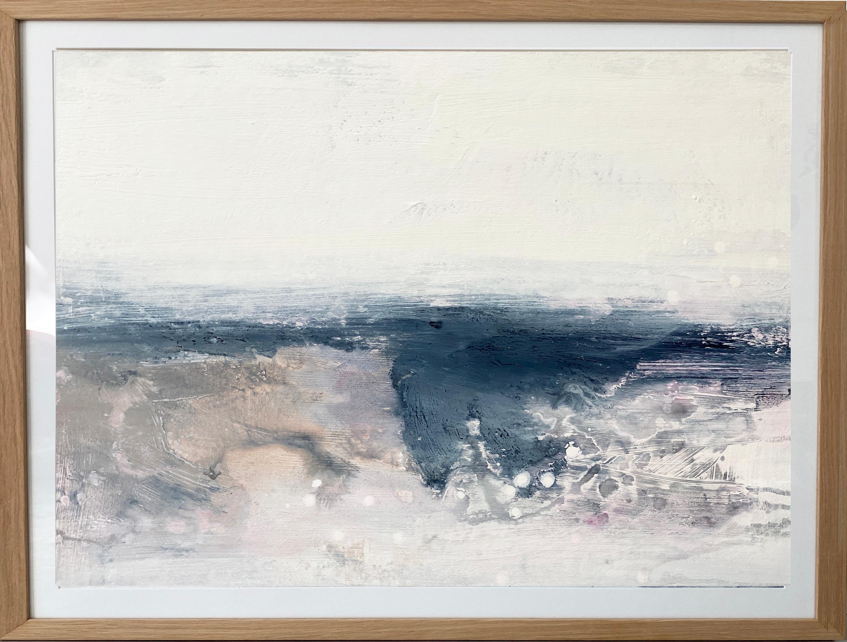 Kathleen Rhee Abstract Painting - Minimalist painting 3 Nordic Scandi framed landscape art paper grey tan white