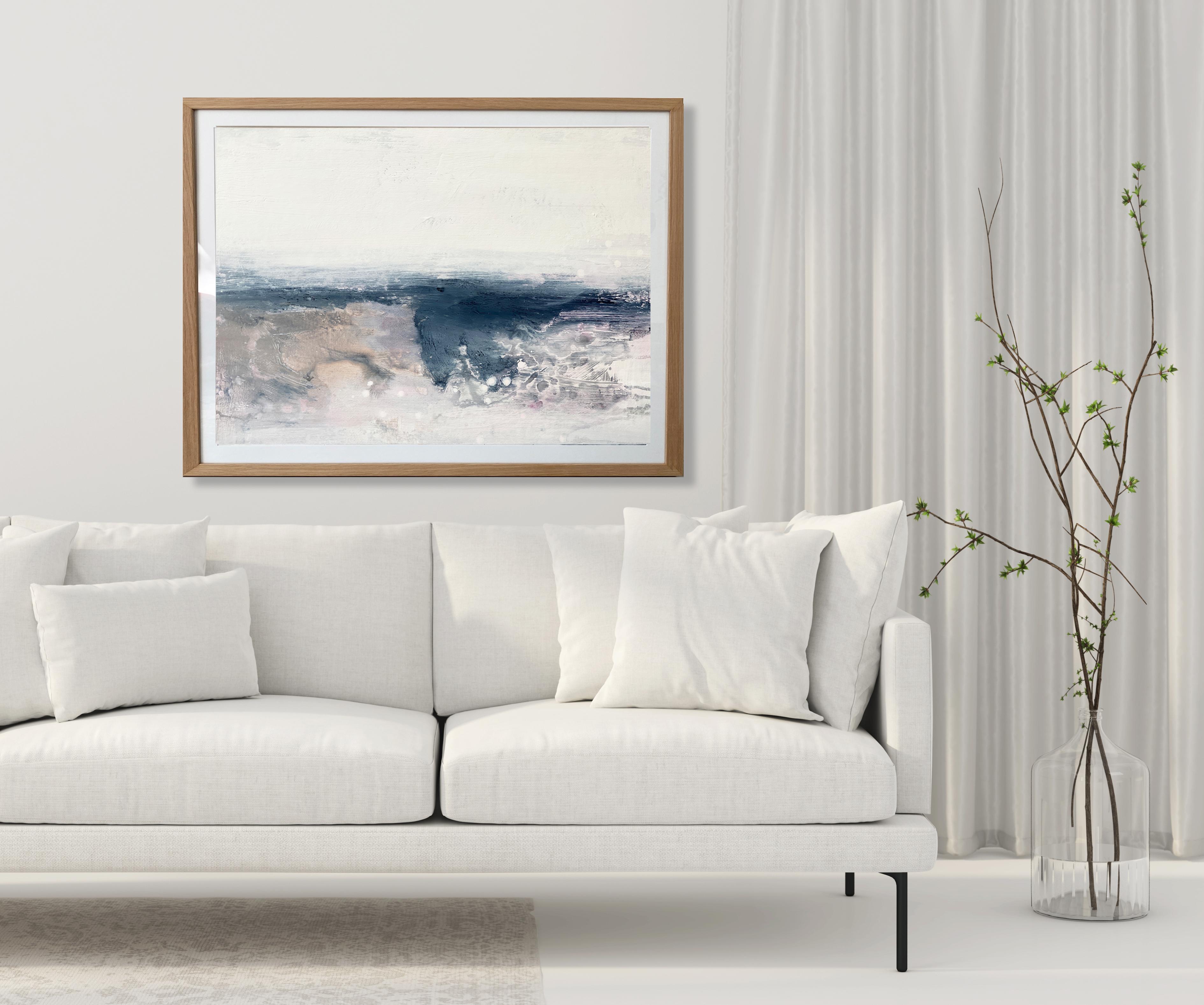 Peinture minimaliste 3 Nordic Scandi encadrée paysage art papier gris beige blanc - Painting de Kathleen Rhee