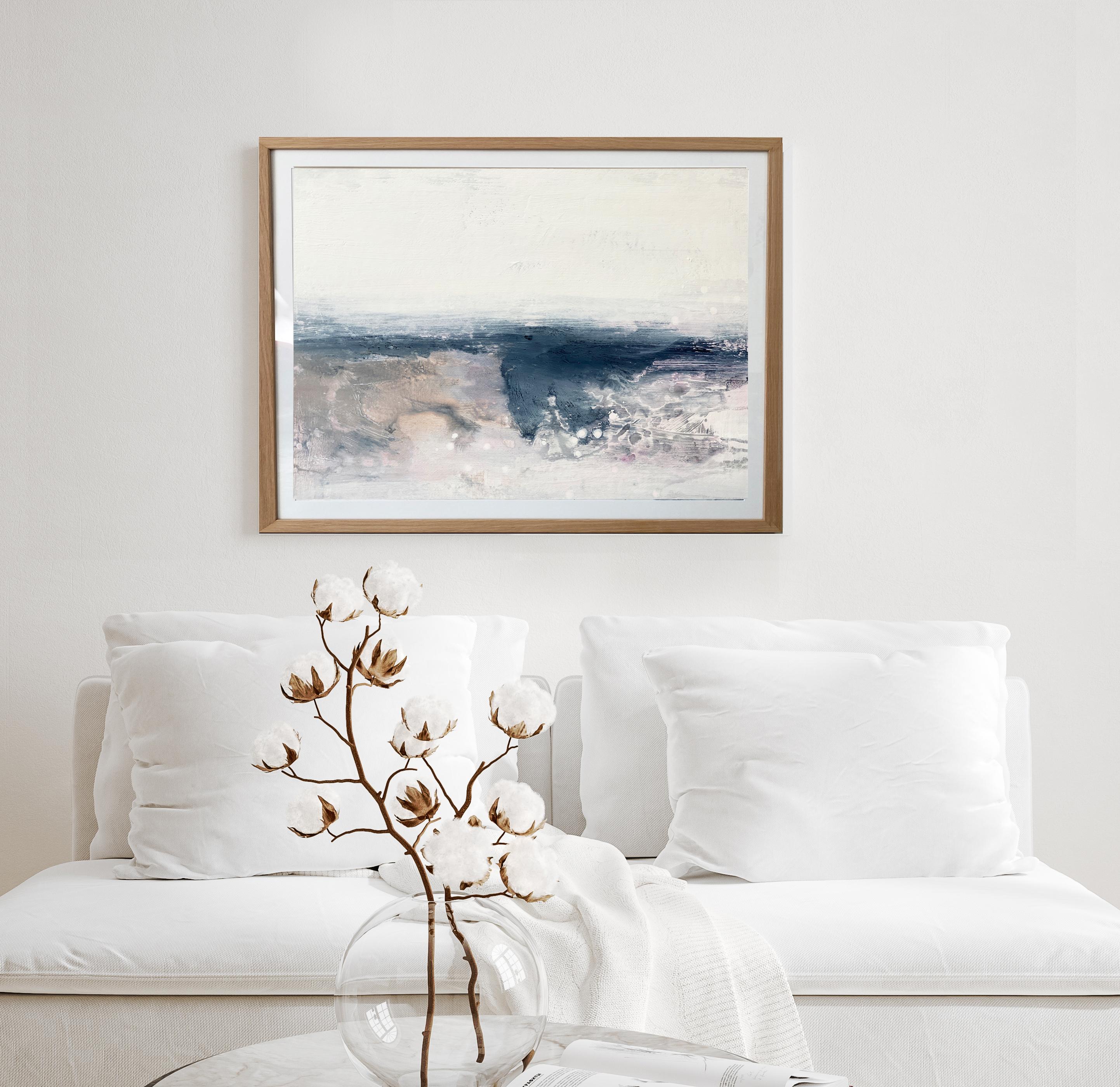 Peinture minimaliste 3 Nordic Scandi encadrée paysage art papier gris beige blanc en vente 16