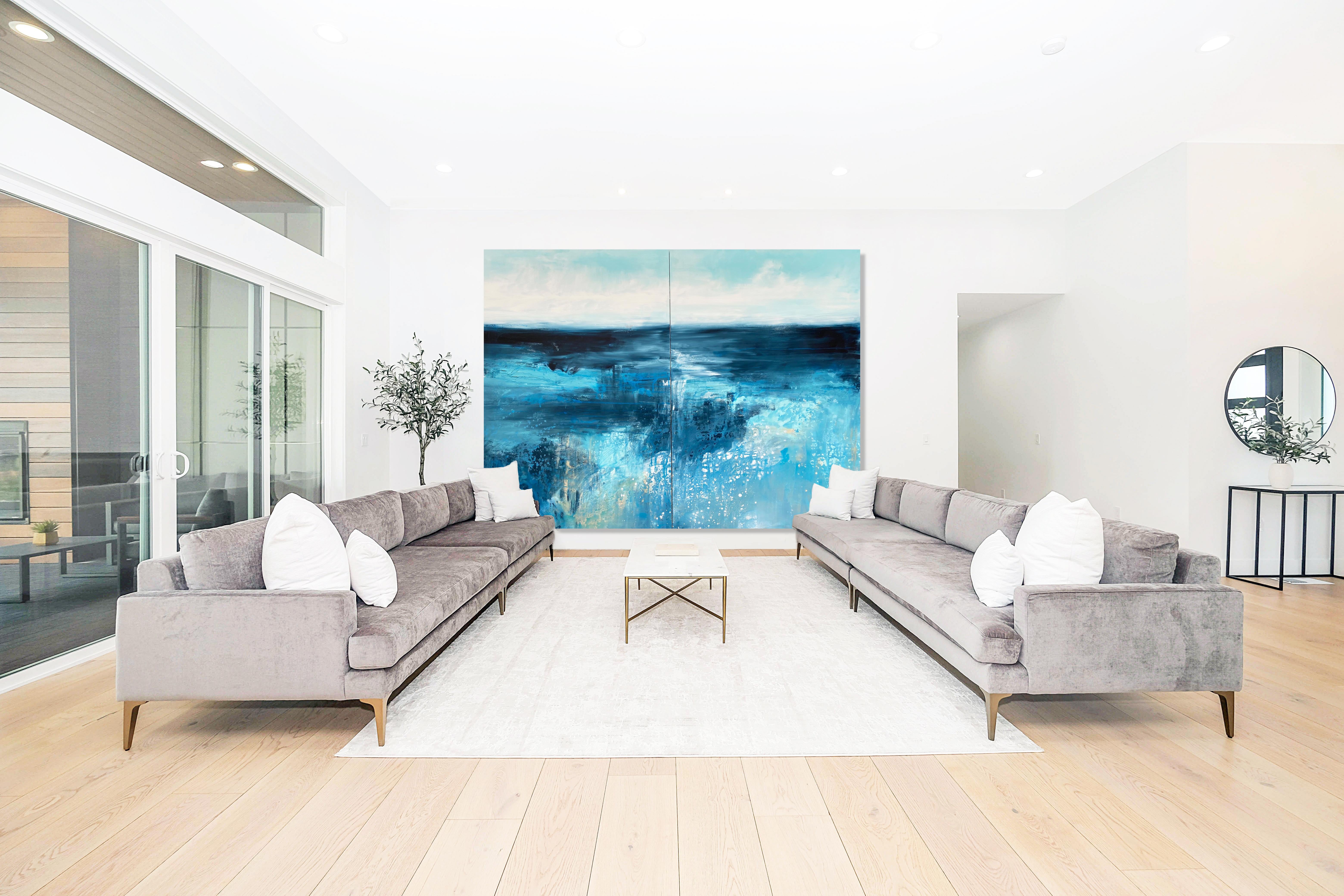 Large oversize blue abstract expressionist painting ocean water waves coastal  - Painting by Kathleen Rhee