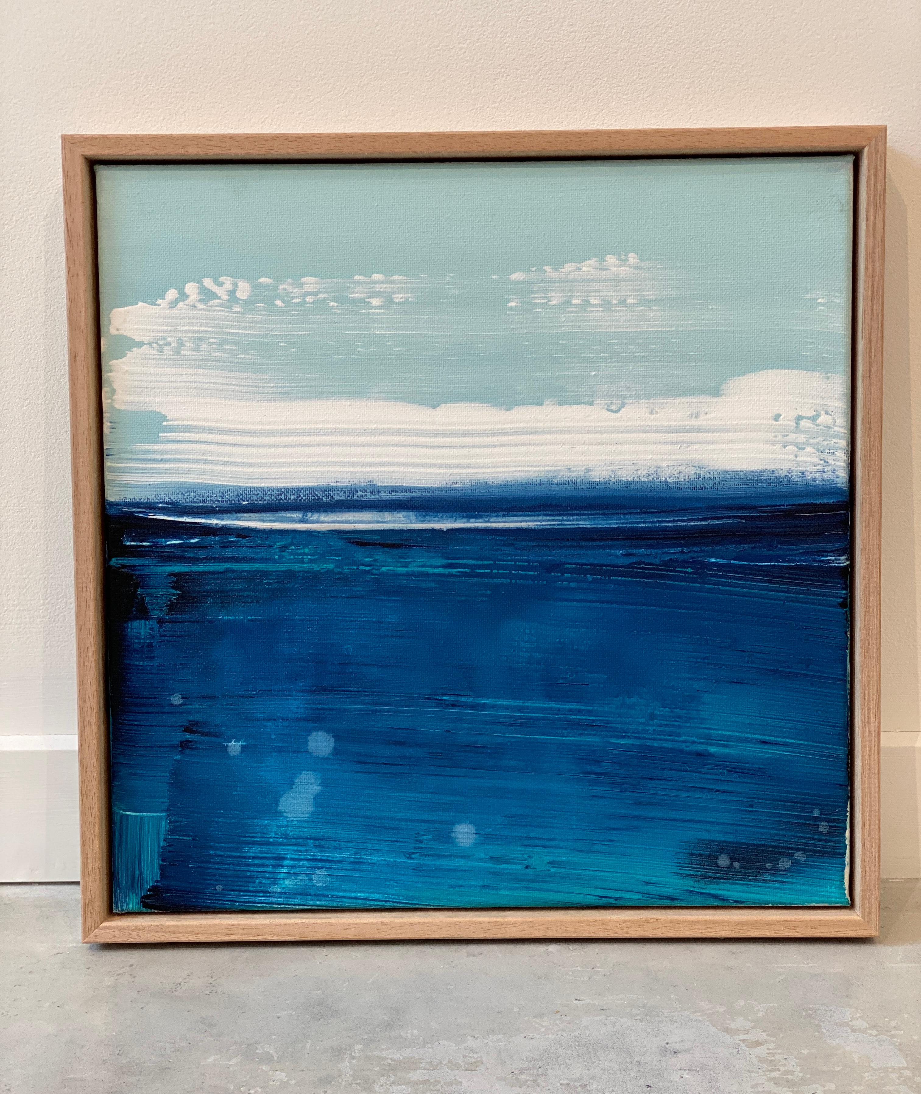 Wind & Waves small framed abstract expressionist painting in blue and aqua - Painting by Kathleen Rhee
