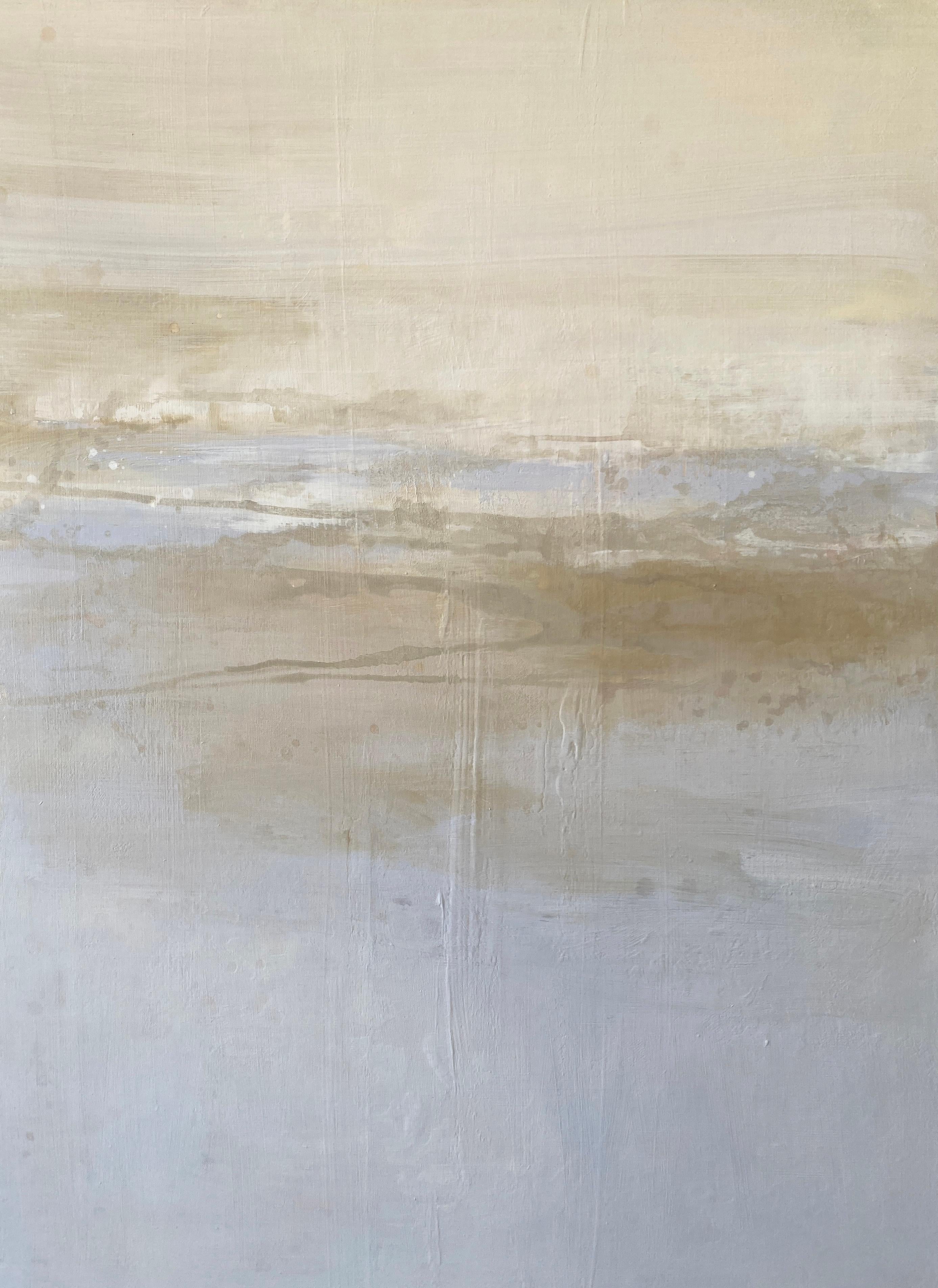 Kathleen Rhee Abstract Painting - Windswept cream grey Impressionist sky clouds sandy white abstract landscape 