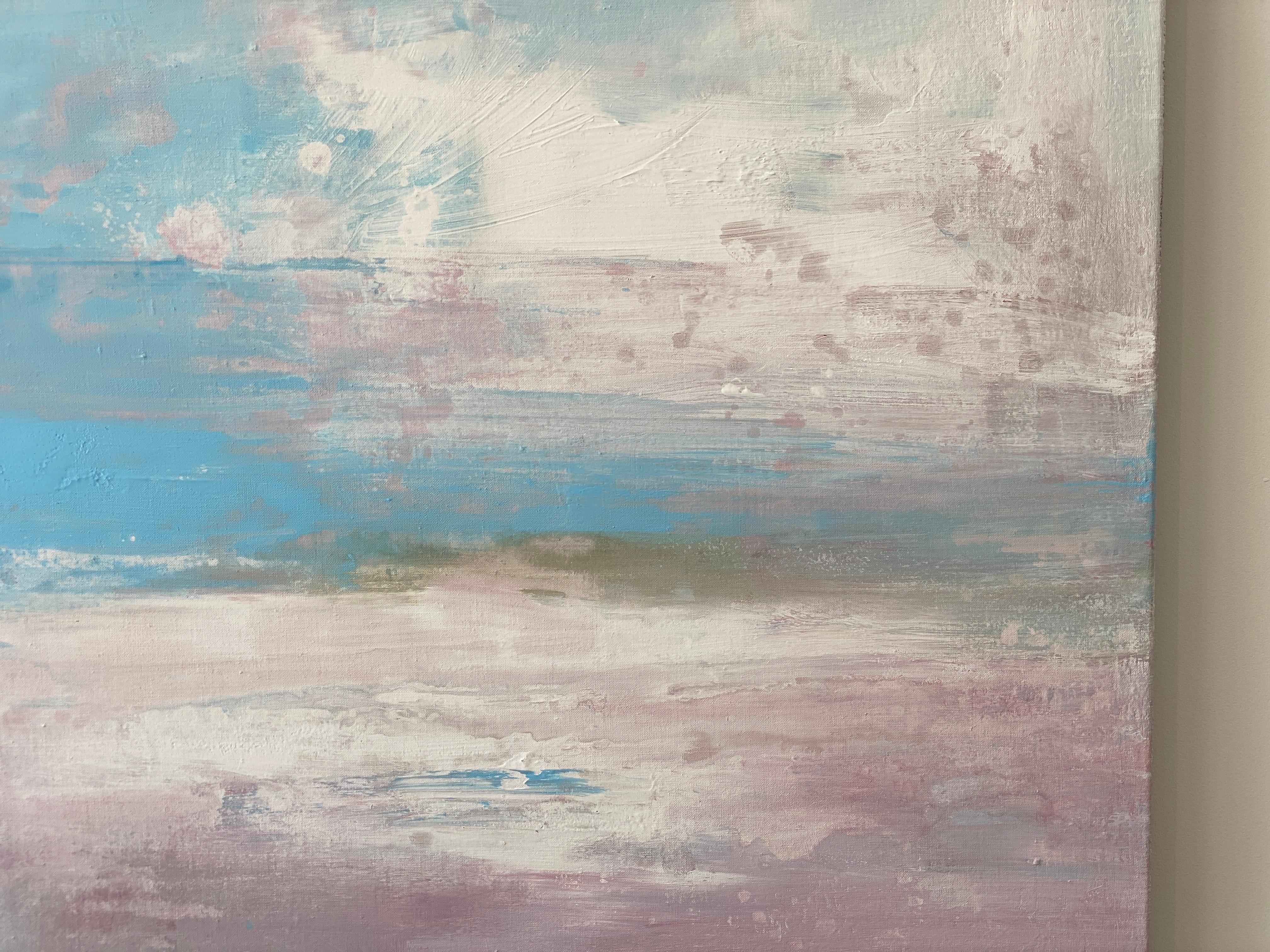 Windwept Pastell Rosa Impressionistische abstrakte Landschaft mit abstrakten Wolken in Blau und Weiß  im Angebot 6