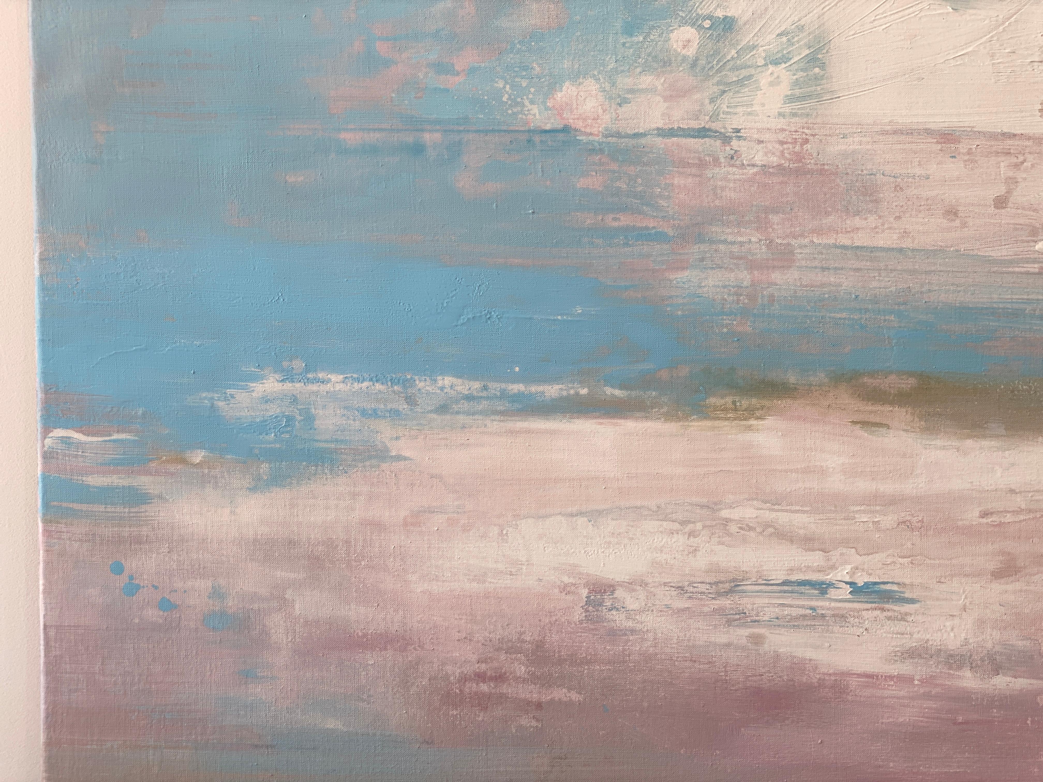 Windwept Pastell Rosa Impressionistische abstrakte Landschaft mit abstrakten Wolken in Blau und Weiß  im Angebot 7