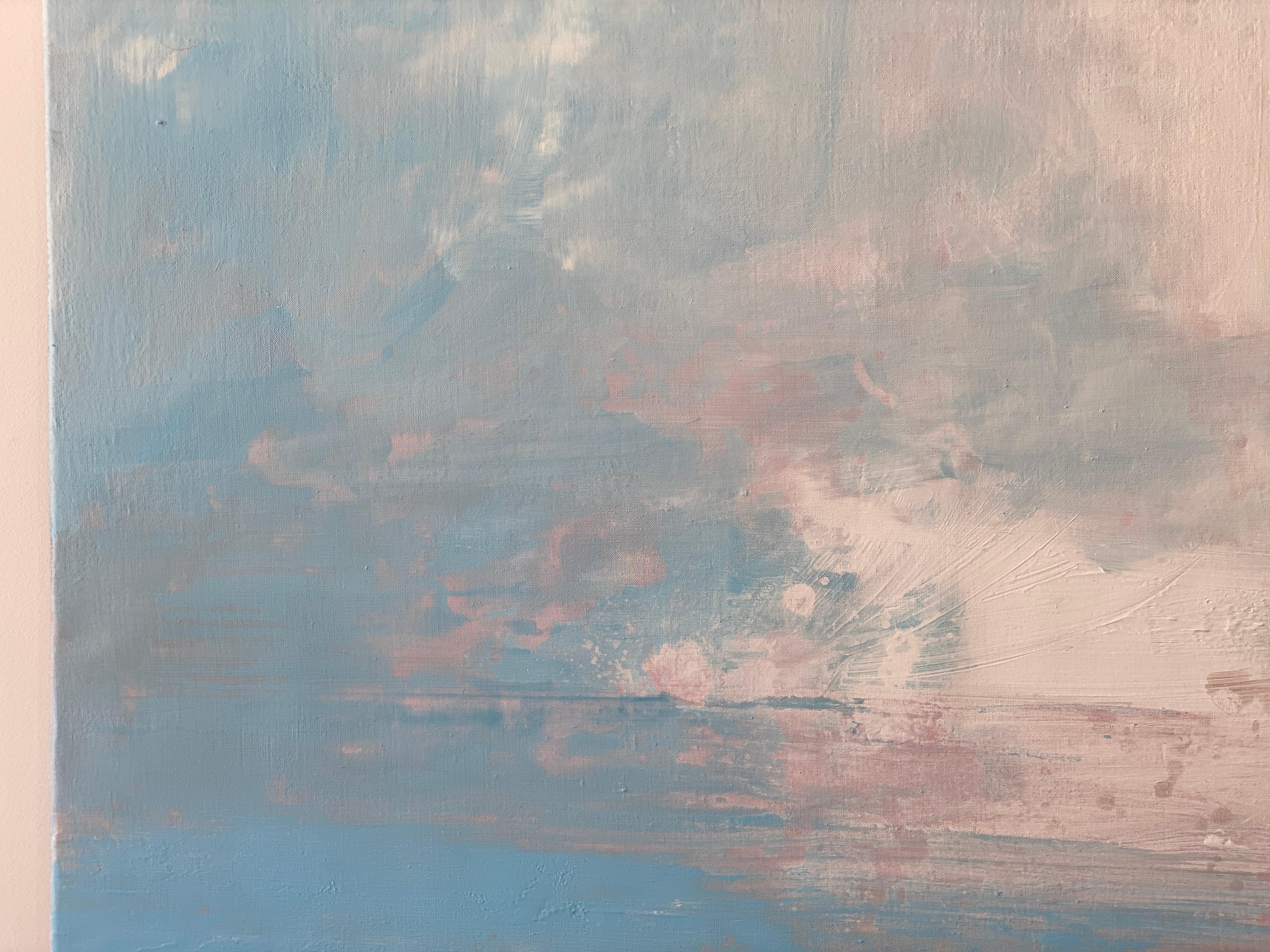 Windwept Pastell Rosa Impressionistische abstrakte Landschaft mit abstrakten Wolken in Blau und Weiß  im Angebot 9