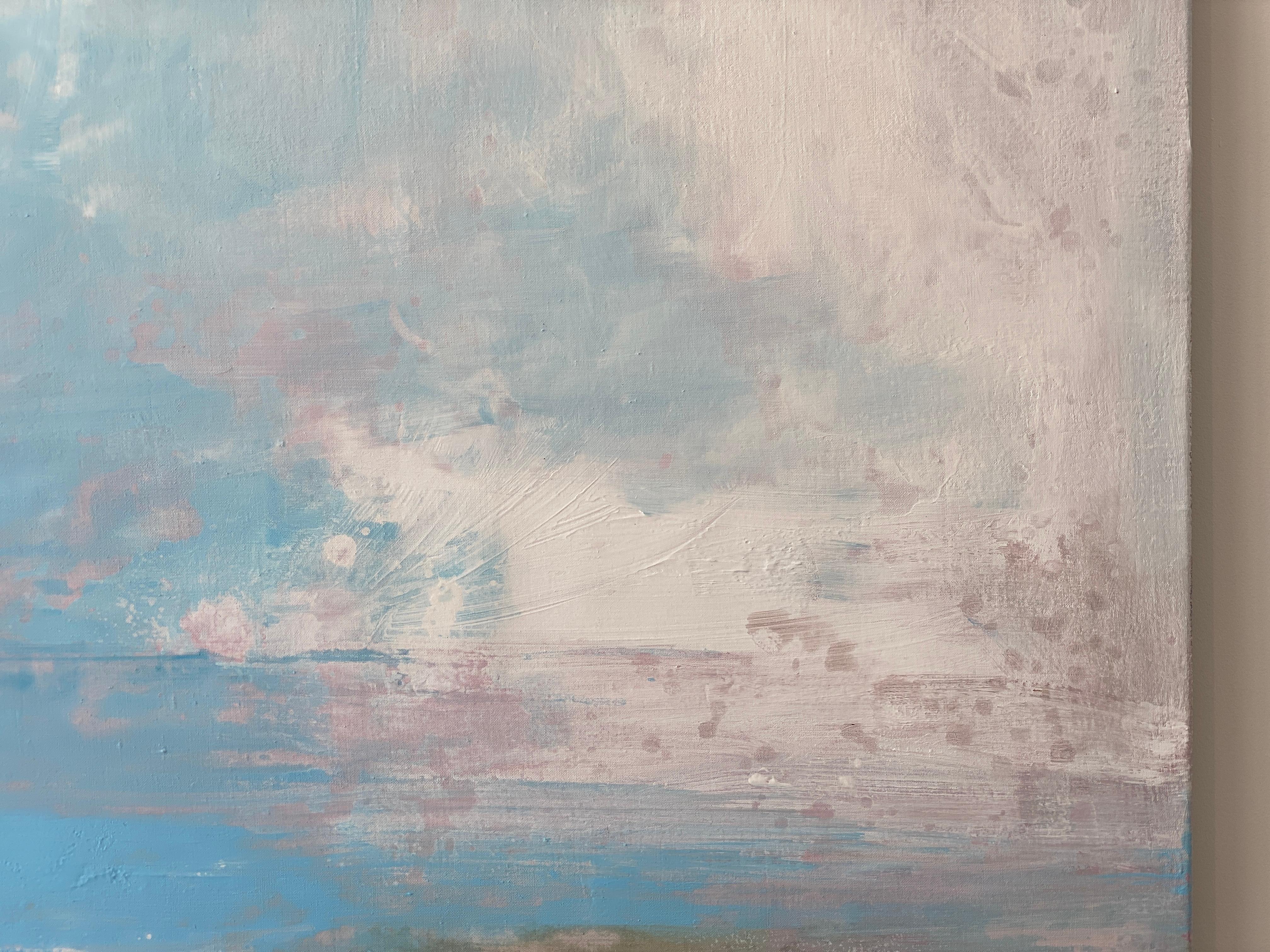 Windwept Pastell Rosa Impressionistische abstrakte Landschaft mit abstrakten Wolken in Blau und Weiß  im Angebot 11