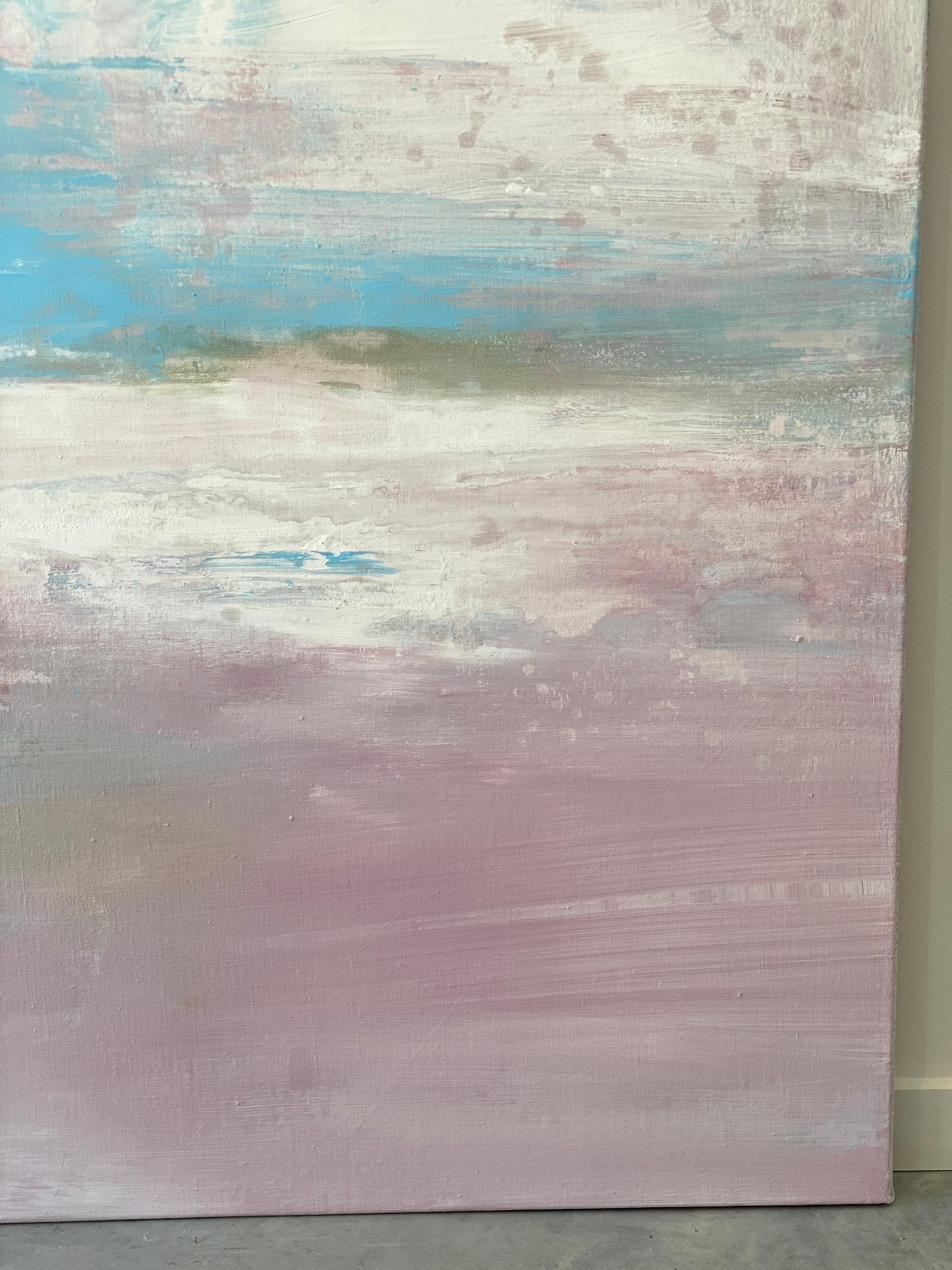 Paysage abstrait impressionniste rose pastel, nuages de ciel bleu et blanc  en vente 13