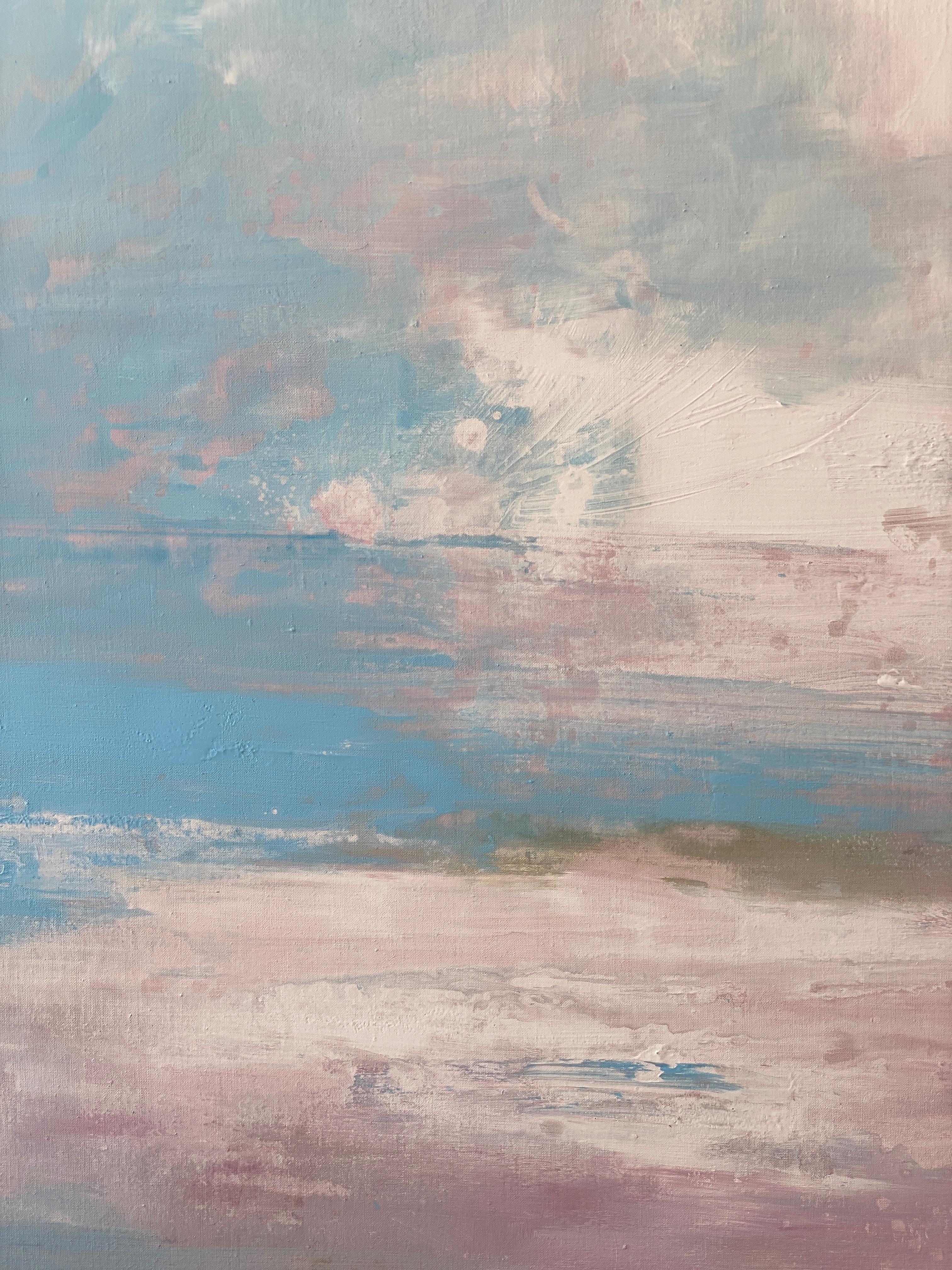 Windwept Pastell Rosa Impressionistische abstrakte Landschaft mit abstrakten Wolken in Blau und Weiß  im Angebot 14