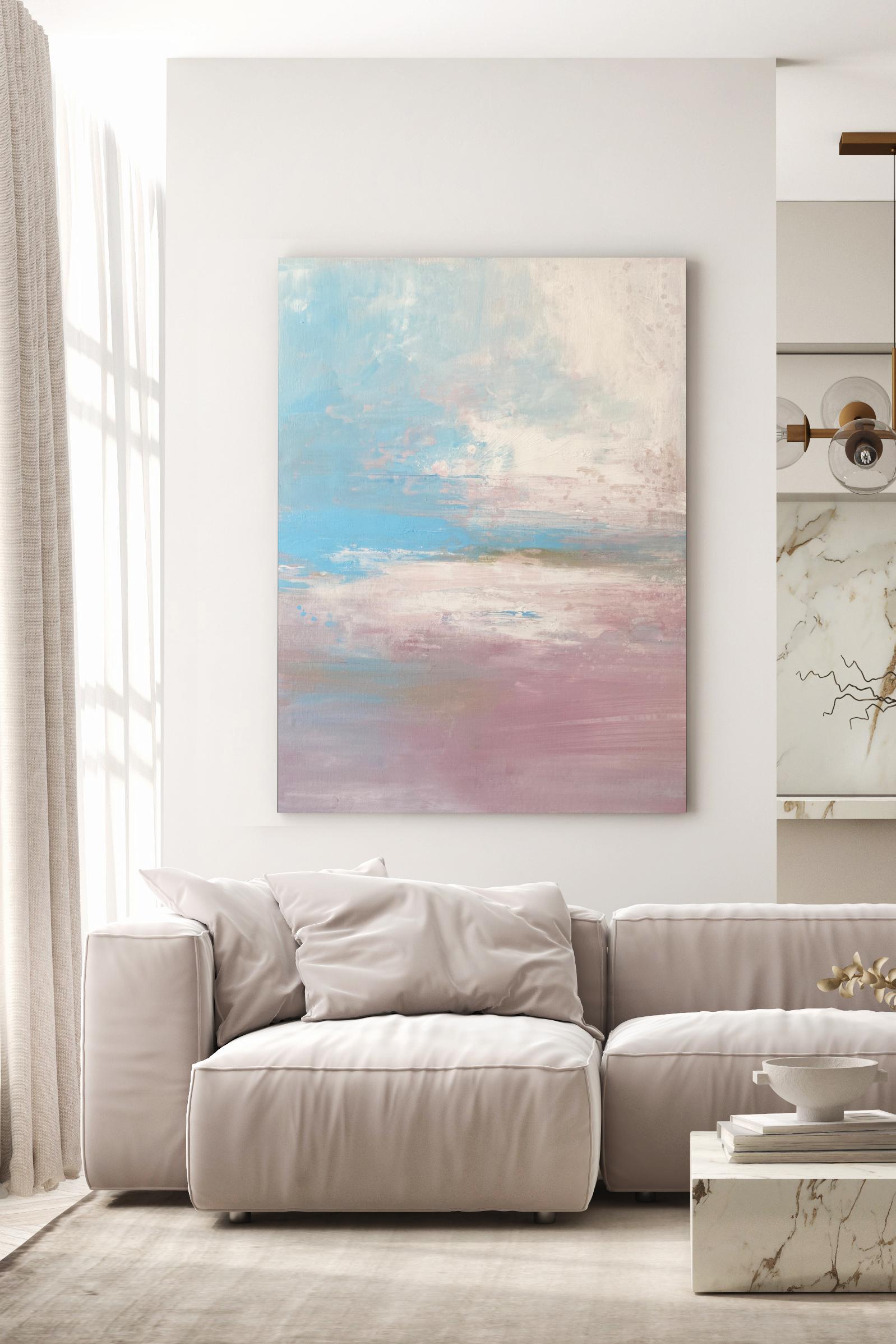 Windwept Pastell Rosa Impressionistische abstrakte Landschaft mit abstrakten Wolken in Blau und Weiß  – Painting von Kathleen Rhee