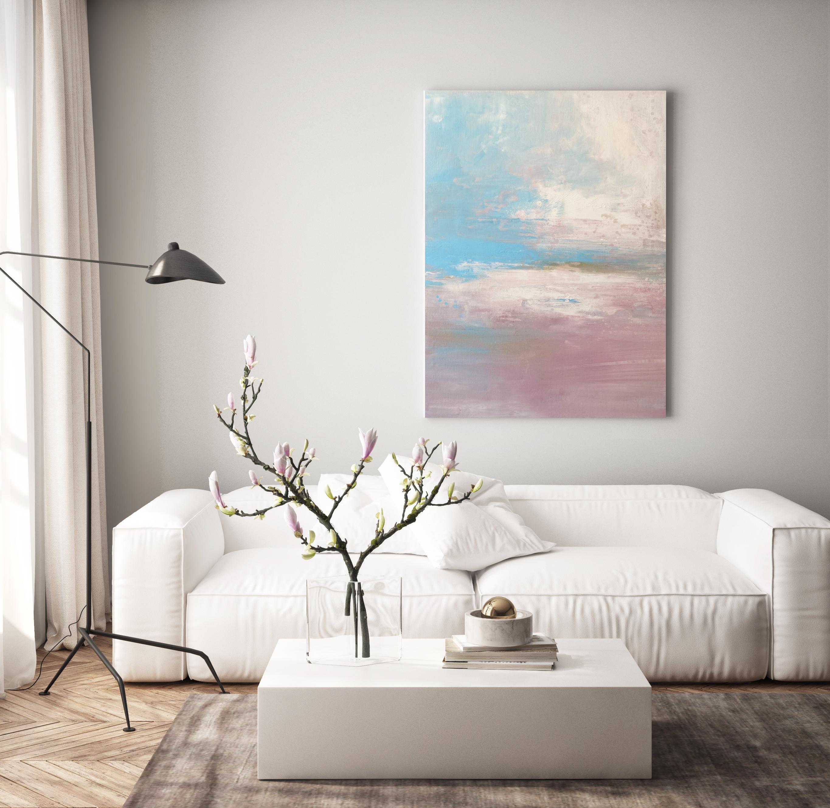 Windswept Pastel Pink Impressionist sky clouds blue white abstract landscape  - Abstract Painting by Kathleen Rhee