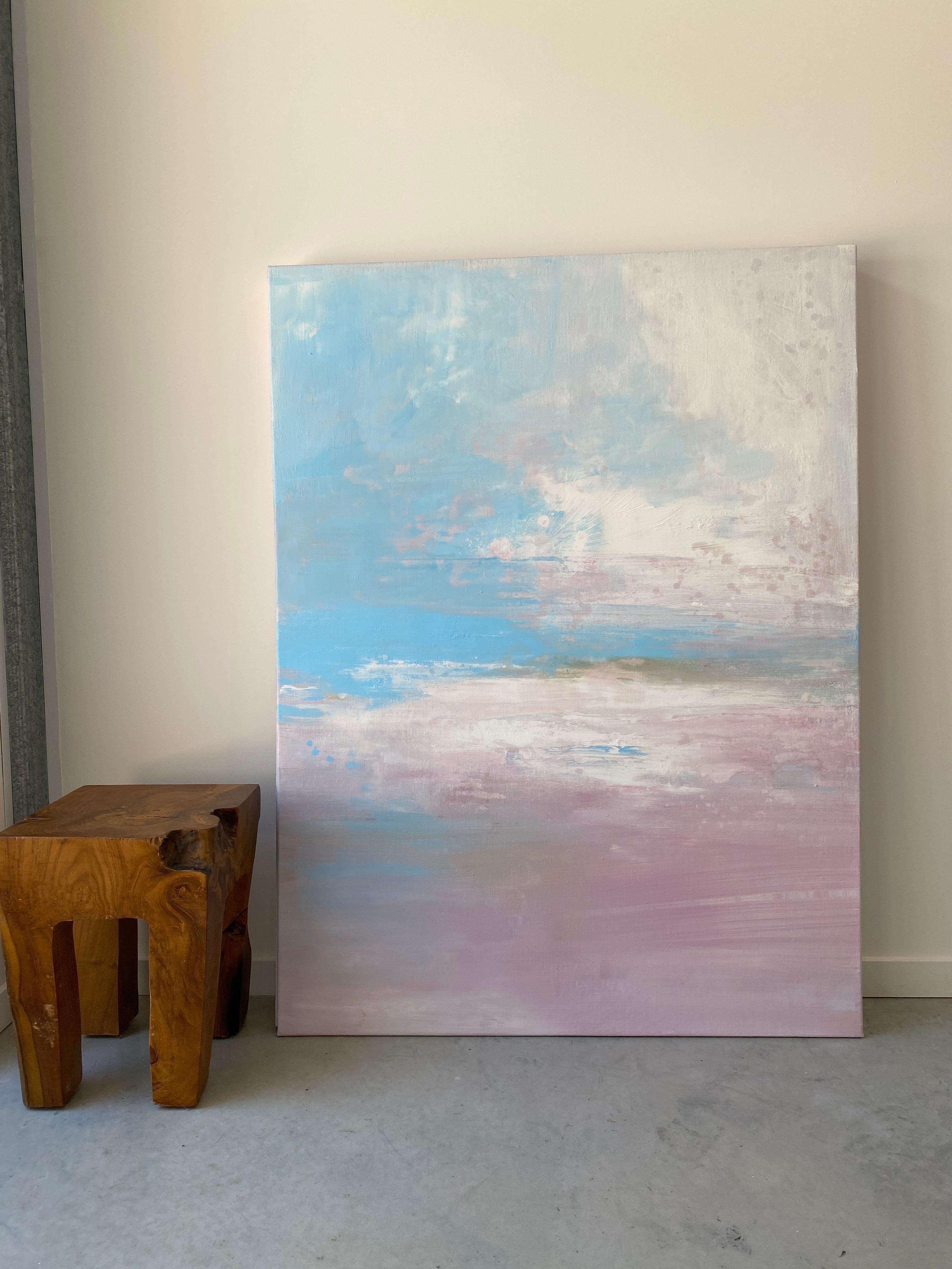An abstract impressionist painting, capturing an ethereal of the Australian landscape, bursts of sky blue and earthy tones merge in a dance of colour and texture, embodying the raw, emotive forces of nature. I utilized acrylics to layer and blend,
