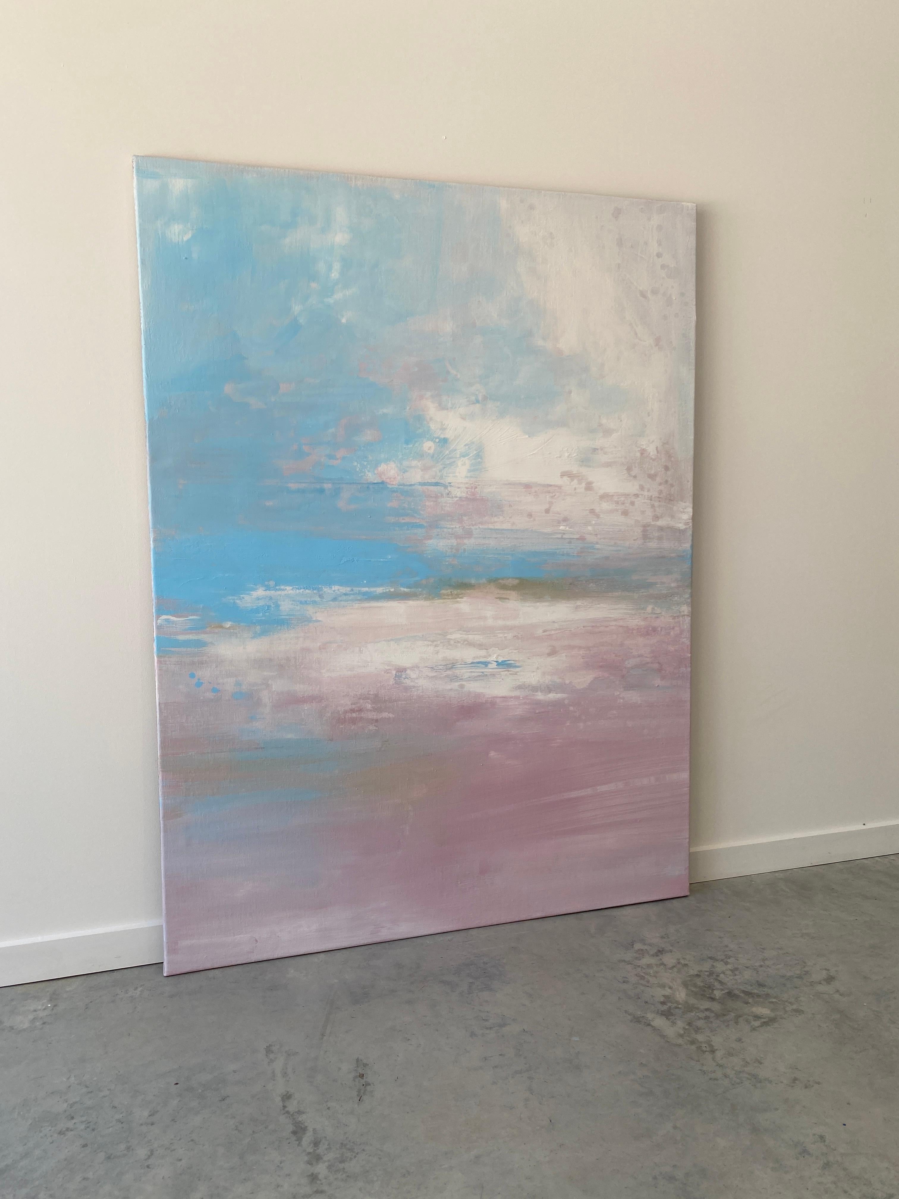 Windwept Pastell Rosa Impressionistische abstrakte Landschaft mit abstrakten Wolken in Blau und Weiß  im Angebot 1